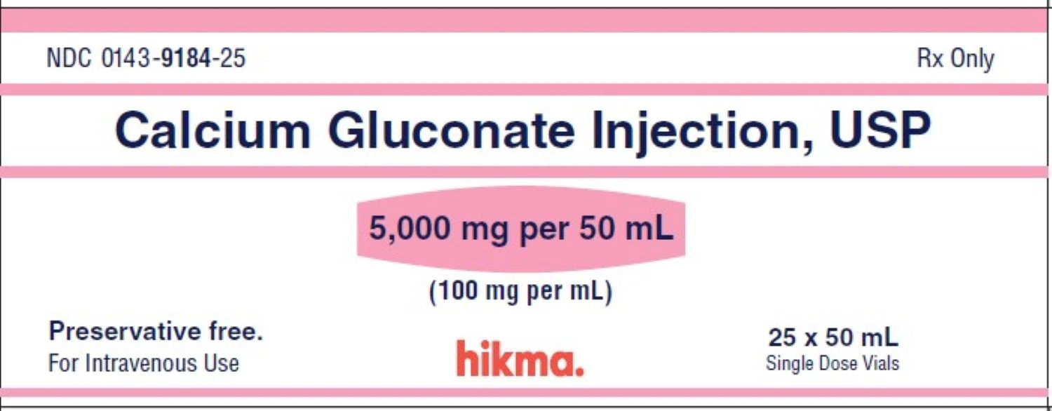 Calcium Gluconate Injection 100 mg/mL, Single-Dose Vial, 50 mL, 25/Package (Hikma Pharmaceuticals)