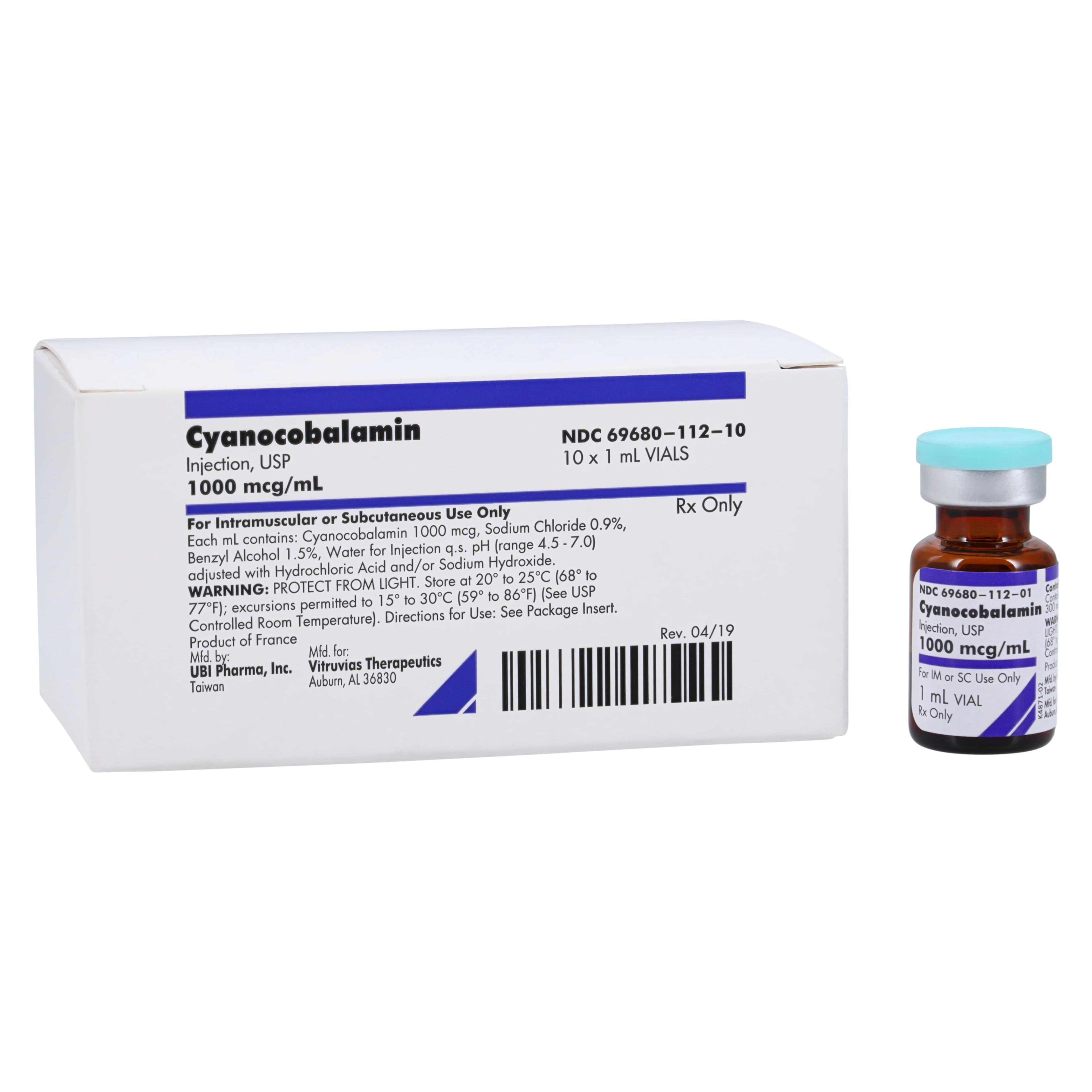 Cyanocobalamin (Vitamin B12) Injection, 1,000 mcg/mL, Single-Dose Vial, 1 mL, 10/Package