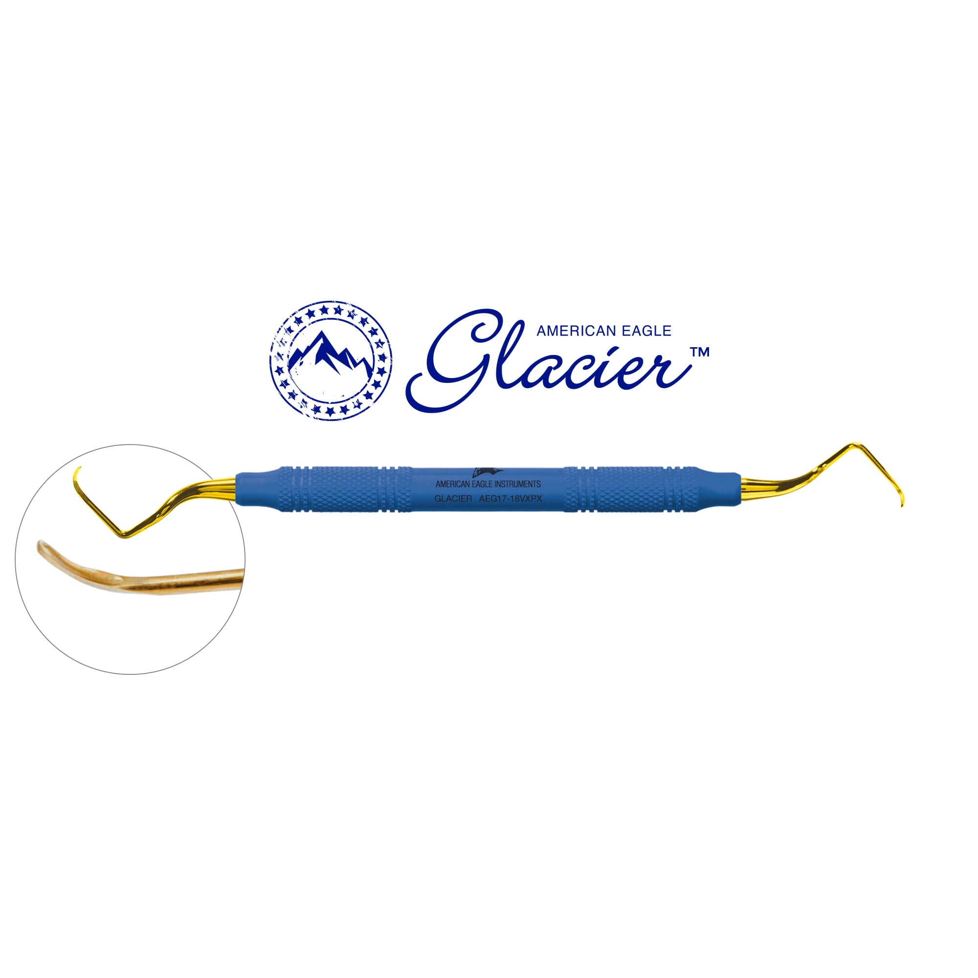 American Eagle XP SQUARED Technology Glacier Curette, 17/18 Gracey, Distal, EagleLite Resin Handle, Double End, Blue