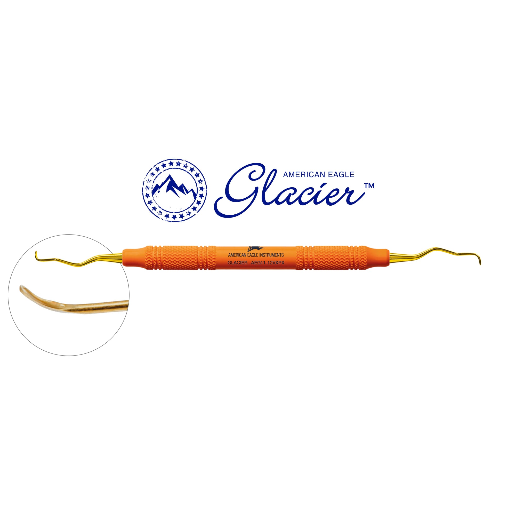 American Eagle XP SQUARED Technology Glacier Curette, 11/12 Gracey, Mesial, EagleLite Resin Handle, Double End, Orange