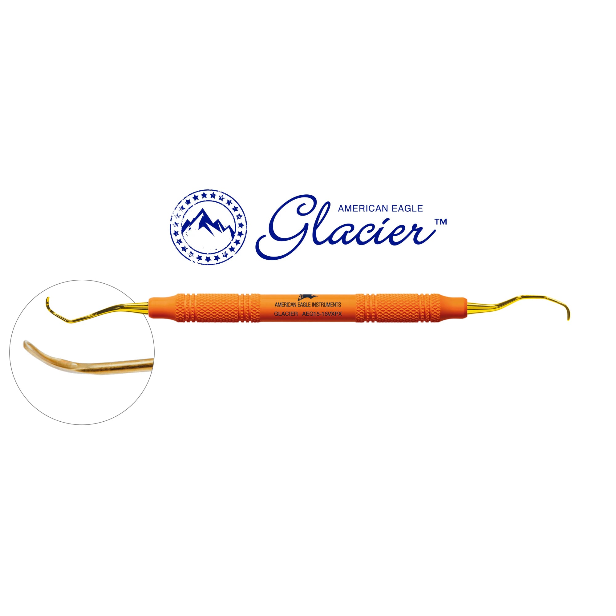 American Eagle XP SQUARED Technology Glacier Curette, 15/16 Gracey, Mesial, EagleLite Resin Handle, Double End, Orange