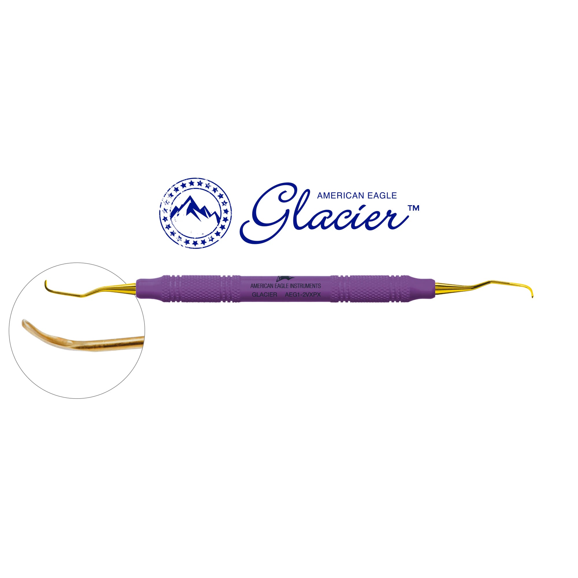 American Eagle XP SQUARED Technology Glacier Curette #1/2 Gracey, Anterior, EagleLite Resin Handle, Double End, Purple