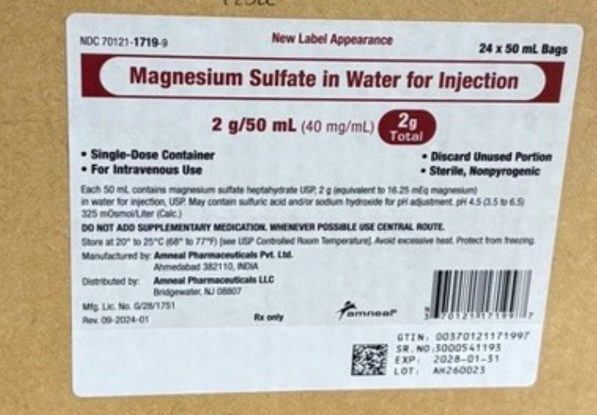 Magnesium Sulfate in Water Injection 2g/50mL IV Bag, 24/Case (Amneal)