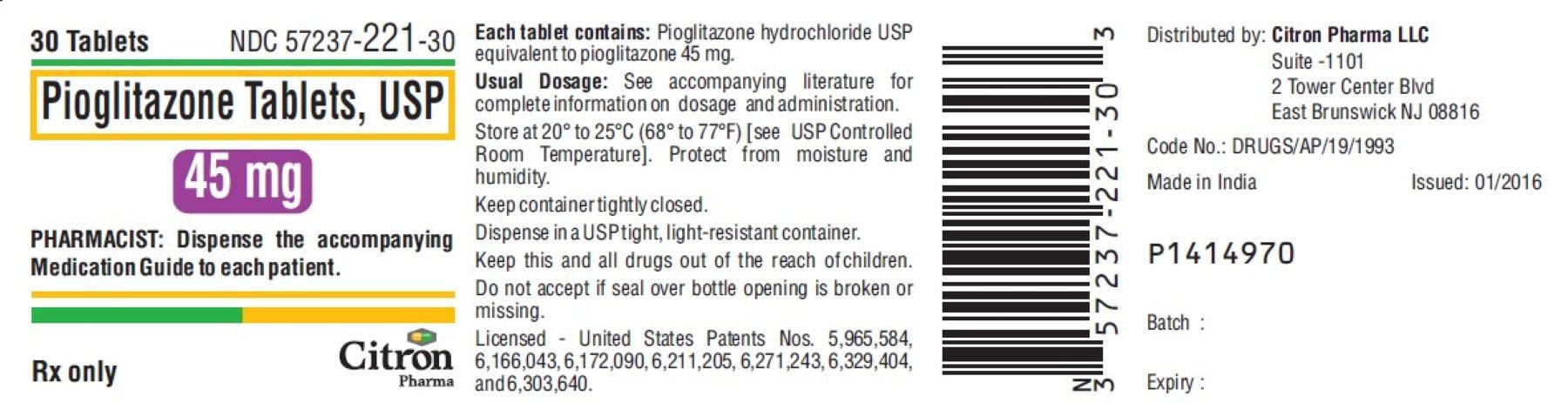 Pioglitazone HCl Tablets 45mg, 30/Bottle, 01KT0J07J8V1QY3N60CAGH5Y5D