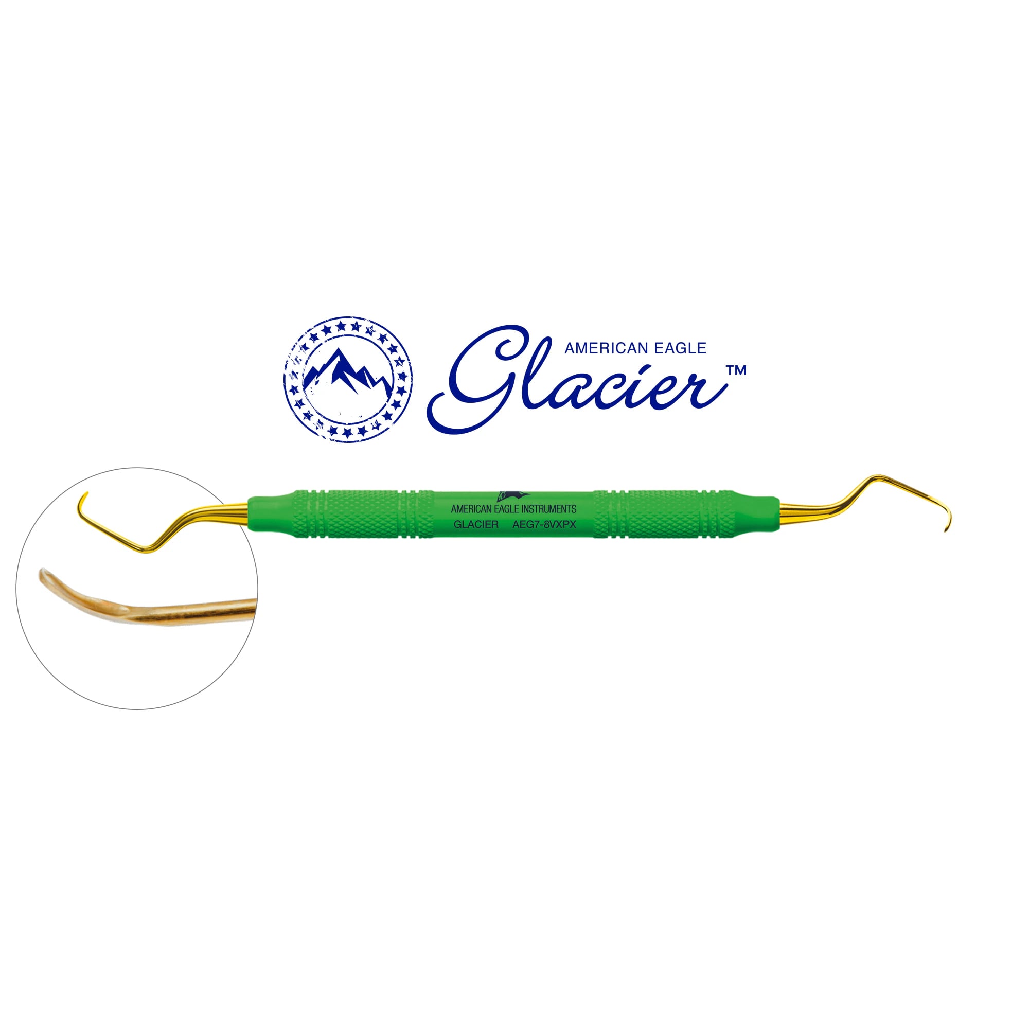 American Eagle XP SQUARED Technology Glacier Curette, 7/8 Gracey, Posterior, EagleLite Resin Handle, Double End, Green