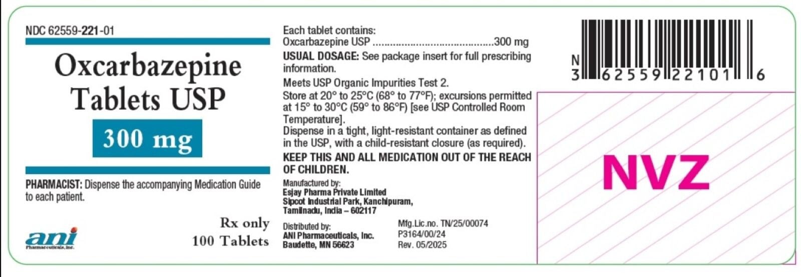 Oxcarbazepine Tablets 300mg, 100 Count Bottle, ANI Pharmaceutical, 01KEZKNNY315Z5319P16Q7CV43