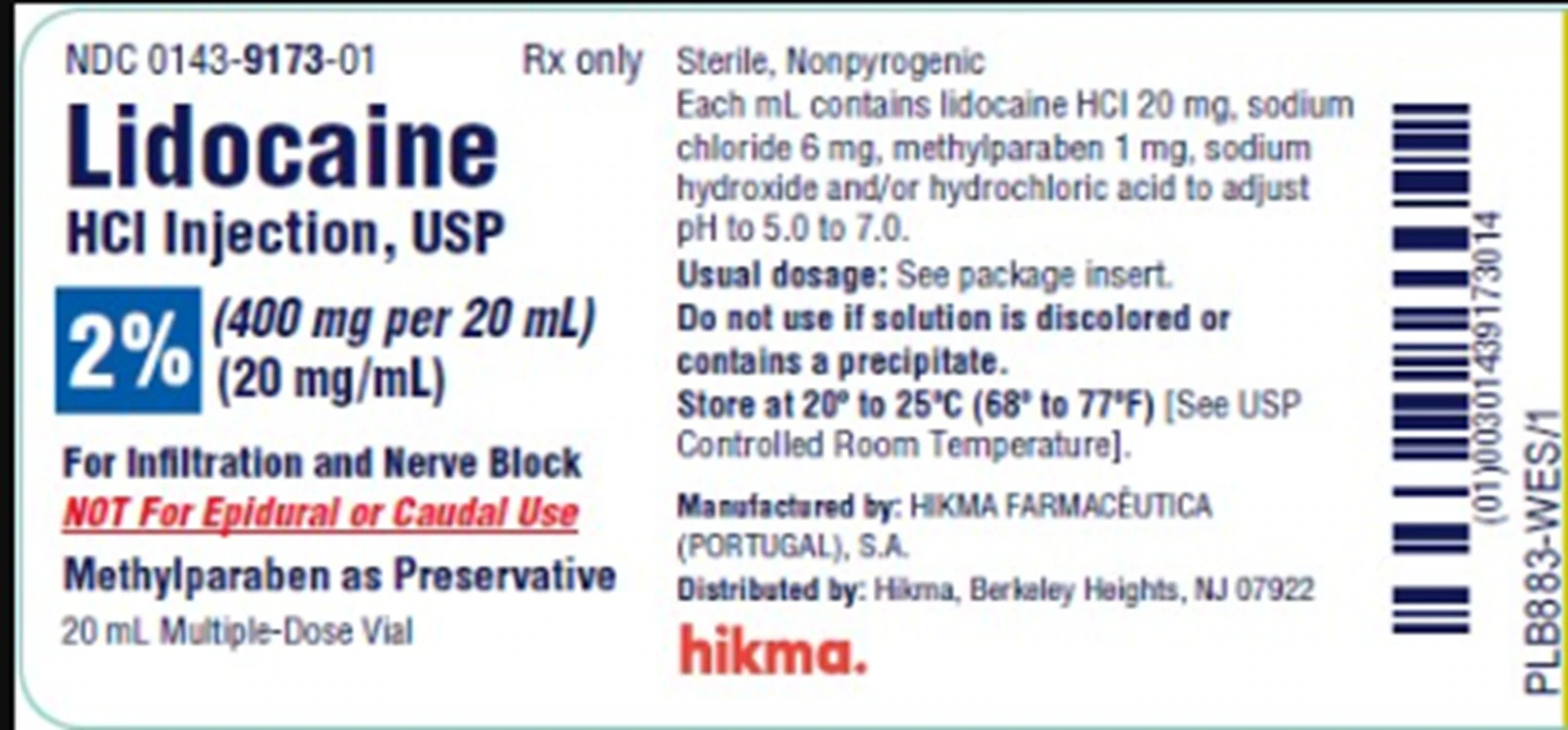 Lidocaine HCl Injection 2% Multiple-Dose Vial, 20 mL, 10/Package