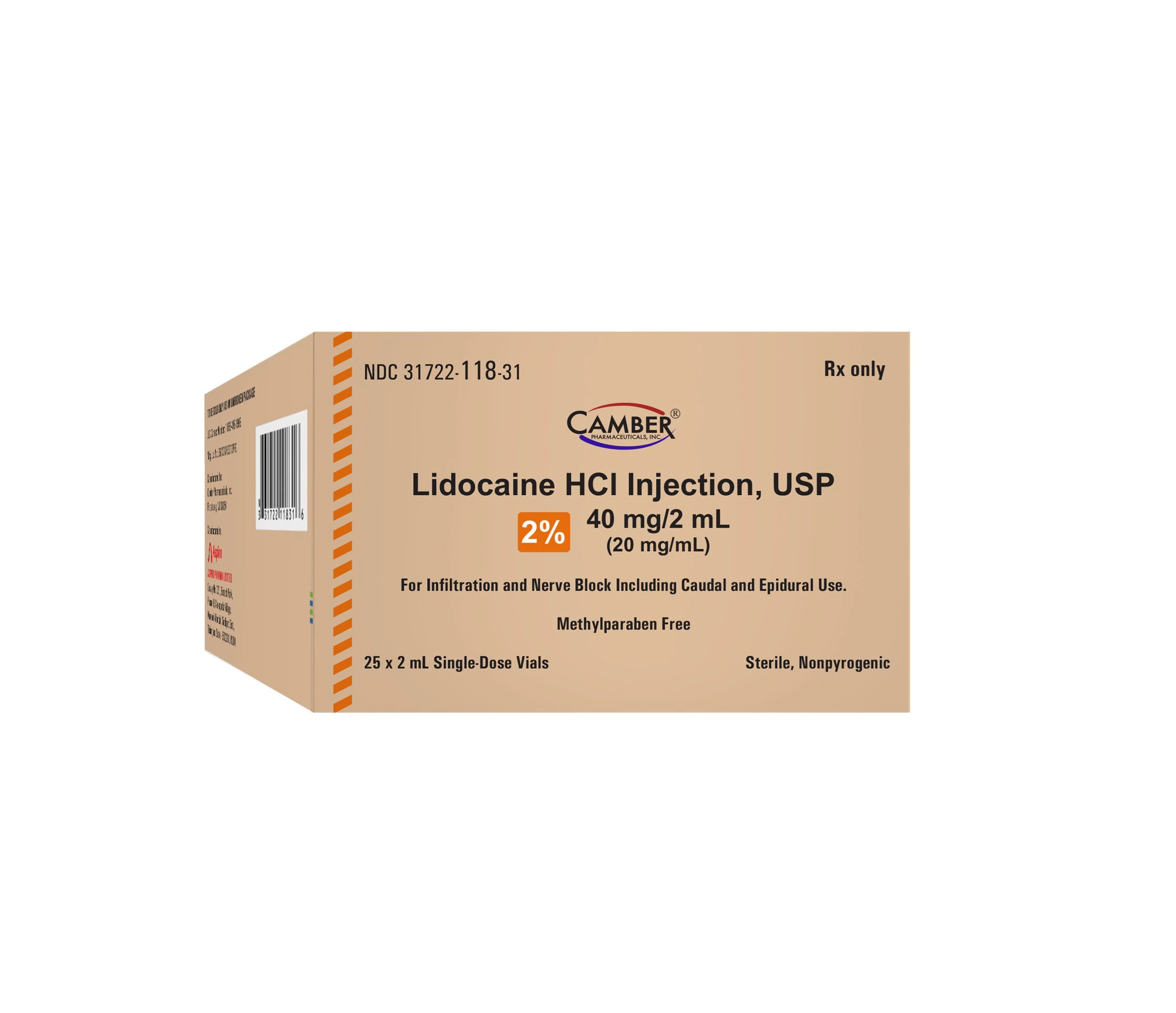 Lidocaine HCl Injection 2% SDV 2mL, 25/Package