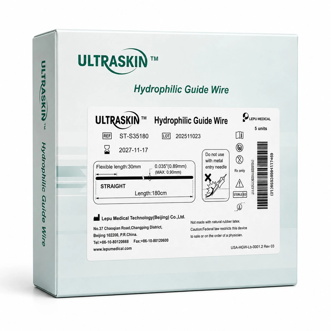 Lepu Medical Ultraskin Stiff Body Guidewire, 0.035" x 180cm, Straight