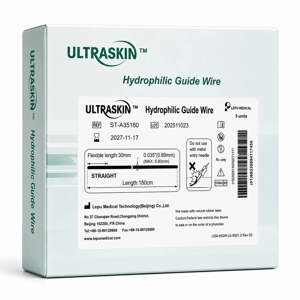 Lepu Medical Ultraskin Stiff Body Guidewire, 0.035" x 180 cm, Angled Tip
