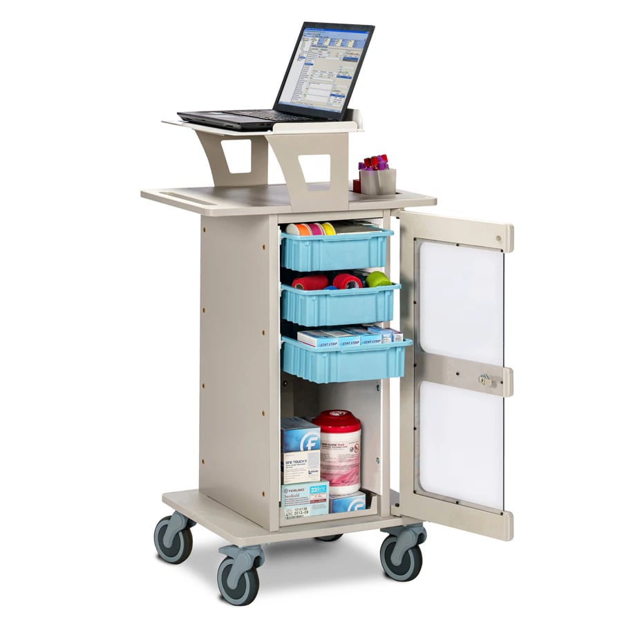 Clinton Industries POC Laptop/Proc Cart, Phlebotomy, 25x19x37.5", 4 Swivel Casters with 2 Locking, Door Key Lock