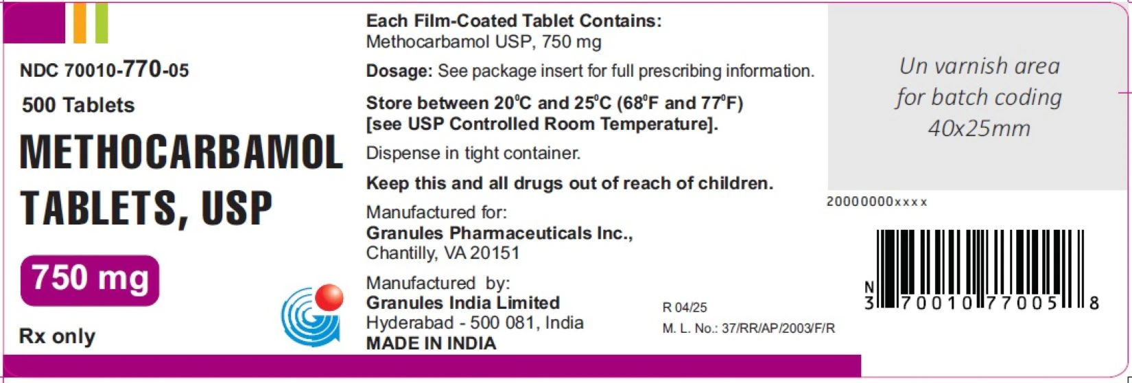 Methocarbamol Tablets, 750mg, Bottle, 100/Bt, Granules Pharmaceuticals