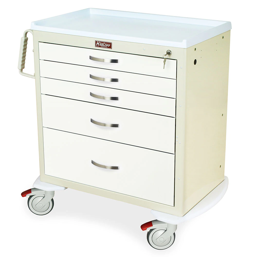 Harloff M-Series Short Medical Cart, 5 Drawer, Key Lock, 22" x 36.75" x 37.25"