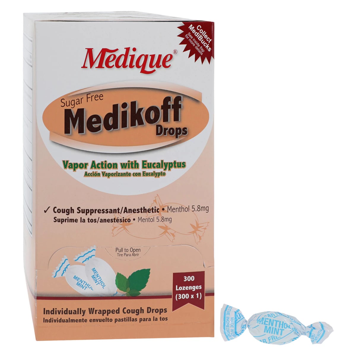 Medikoff Cough Drops, Sugar Free, 5.8mg Menthol, 300/Box