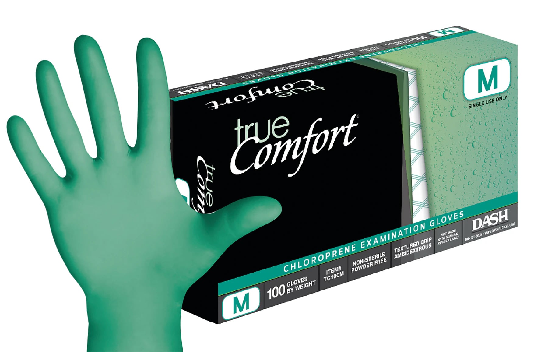True Comfort Chloroprene Exam Gloves, Powder-Free, Non-Sterile, Medium, Green, 100/Bx, TC100M