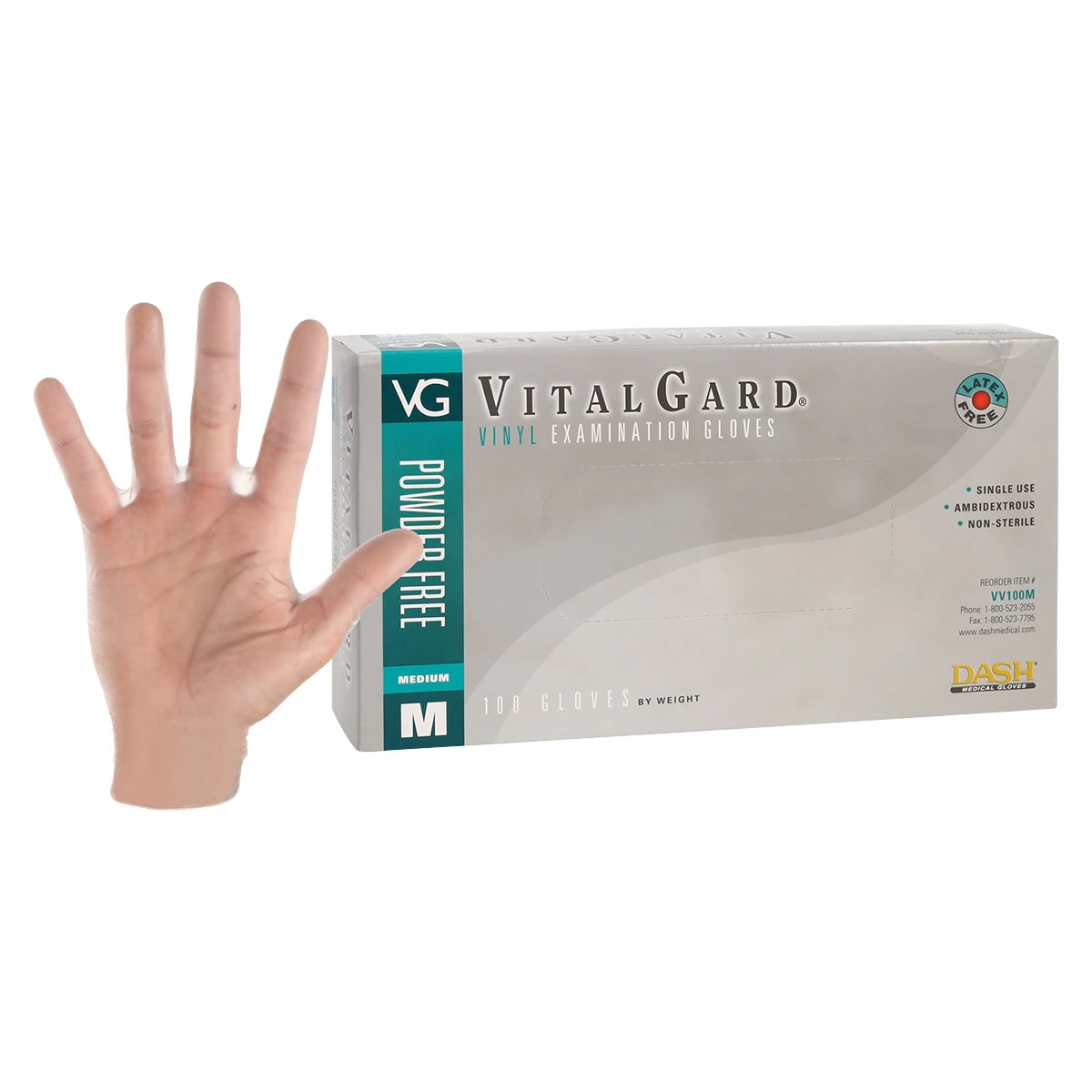 VitalGard® Vinyl Exam Gloves, Latex Free, Powder Free, Non-Sterile, Clear, Medium, 100/Box