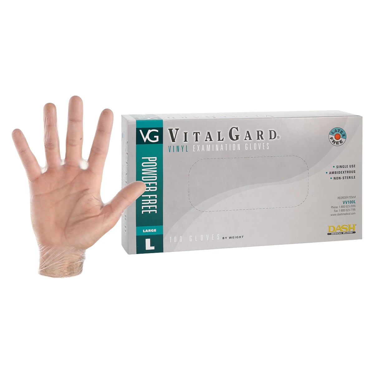 VitalGard® Vinyl Exam Gloves, Latex Free, Powder Free, Non-Sterile, Clear, Large, 100/Box