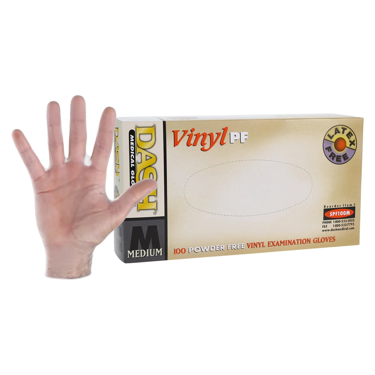 Dash Medical Gloves Vinyl PF Exam Gloves, Powder Free, Latex Free, Non-Sterile, Clear, Medium, 100/Box, SPF100M