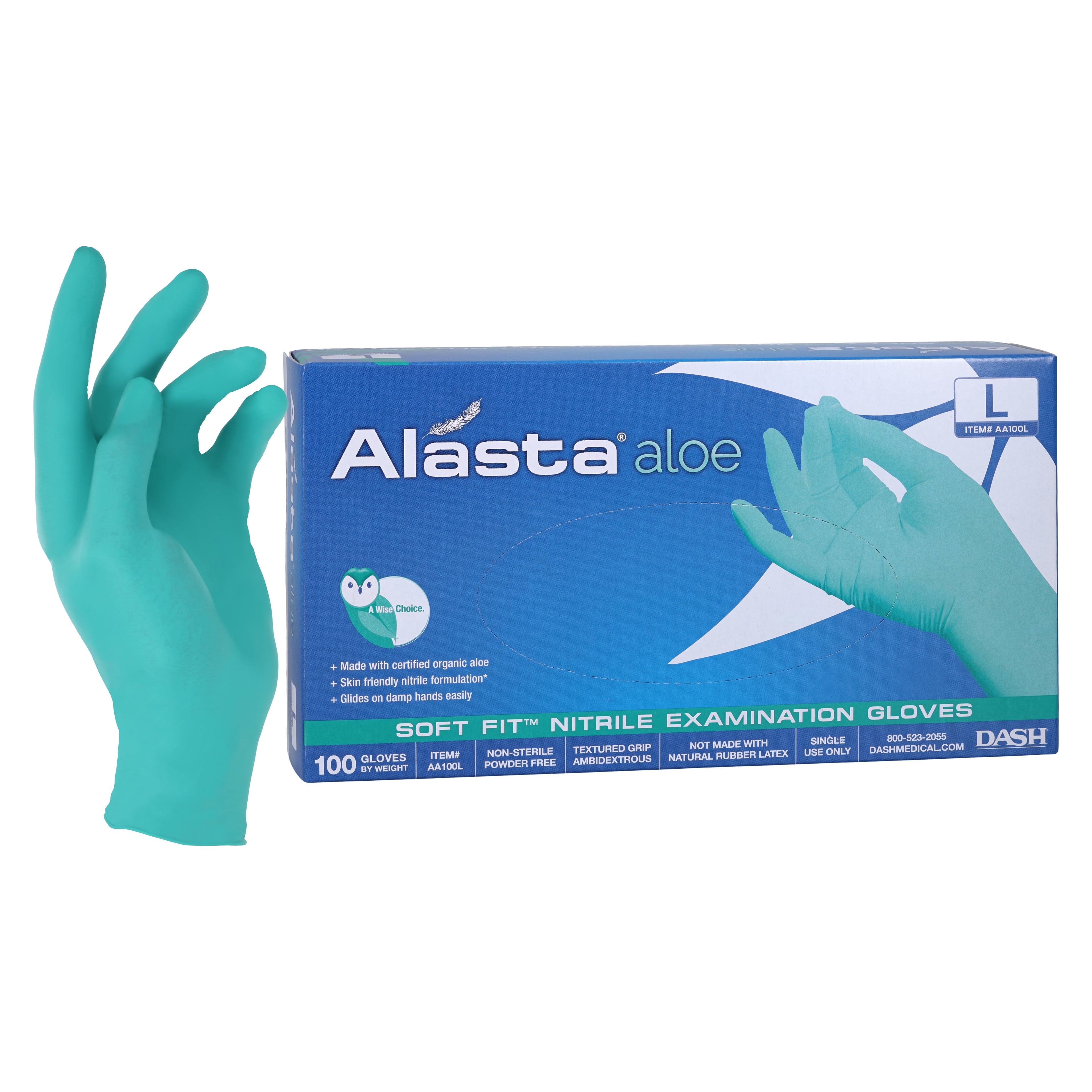 Alasta Aloe Soft-Fit Nitrile Exam Gloves, Powder-Free, Non-Sterile, Large, Green, Textured Fingers, 100/Box, AA100L