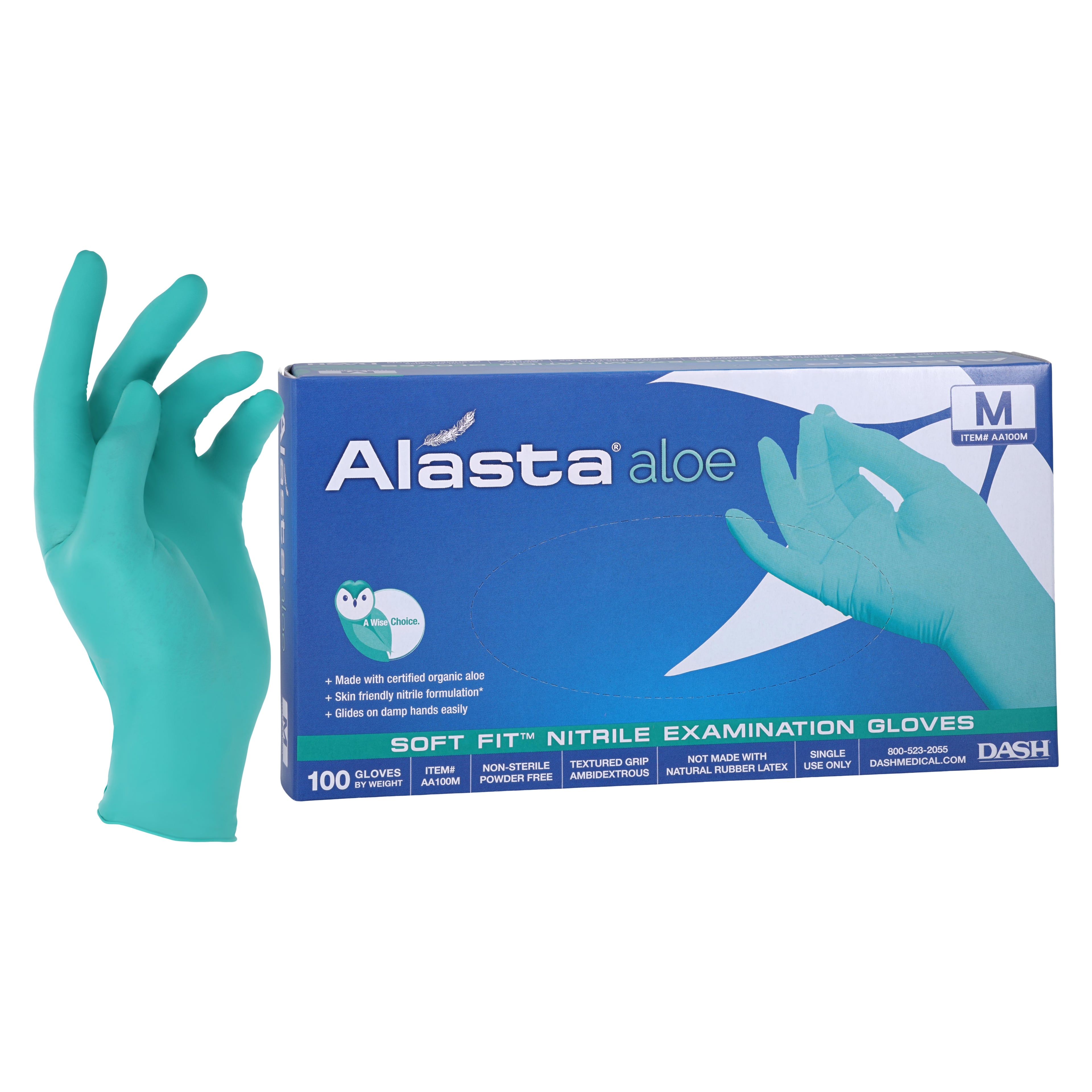 Alasta Aloe Soft-Fit Nitrile Exam Gloves, Powder-Free, Non-Sterile, Medium, Green, Textured Fingers, 100/Box, AA100M