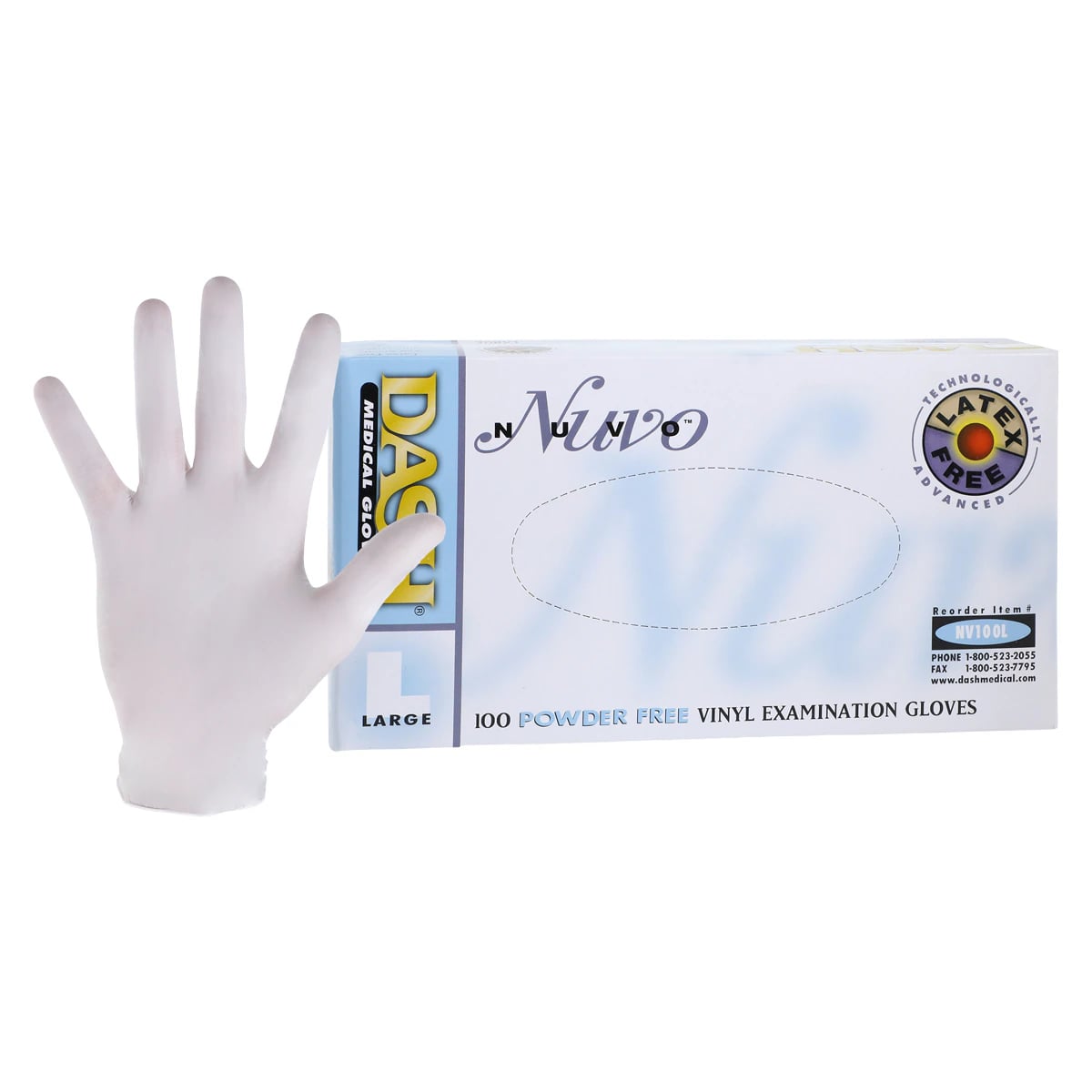 Nuvo Vinyl Exam Gloves, Powder-Free, Non-Sterile, Large, White, 100/Box, NV100L