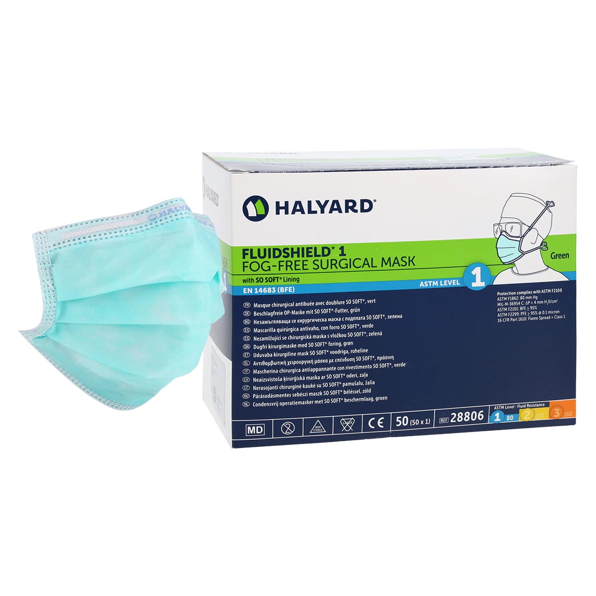 Halyard100 Surgical Mask L1, FluidShield Fog-Free, ASTM Level 1, Green, Latex-Free, 50/Box