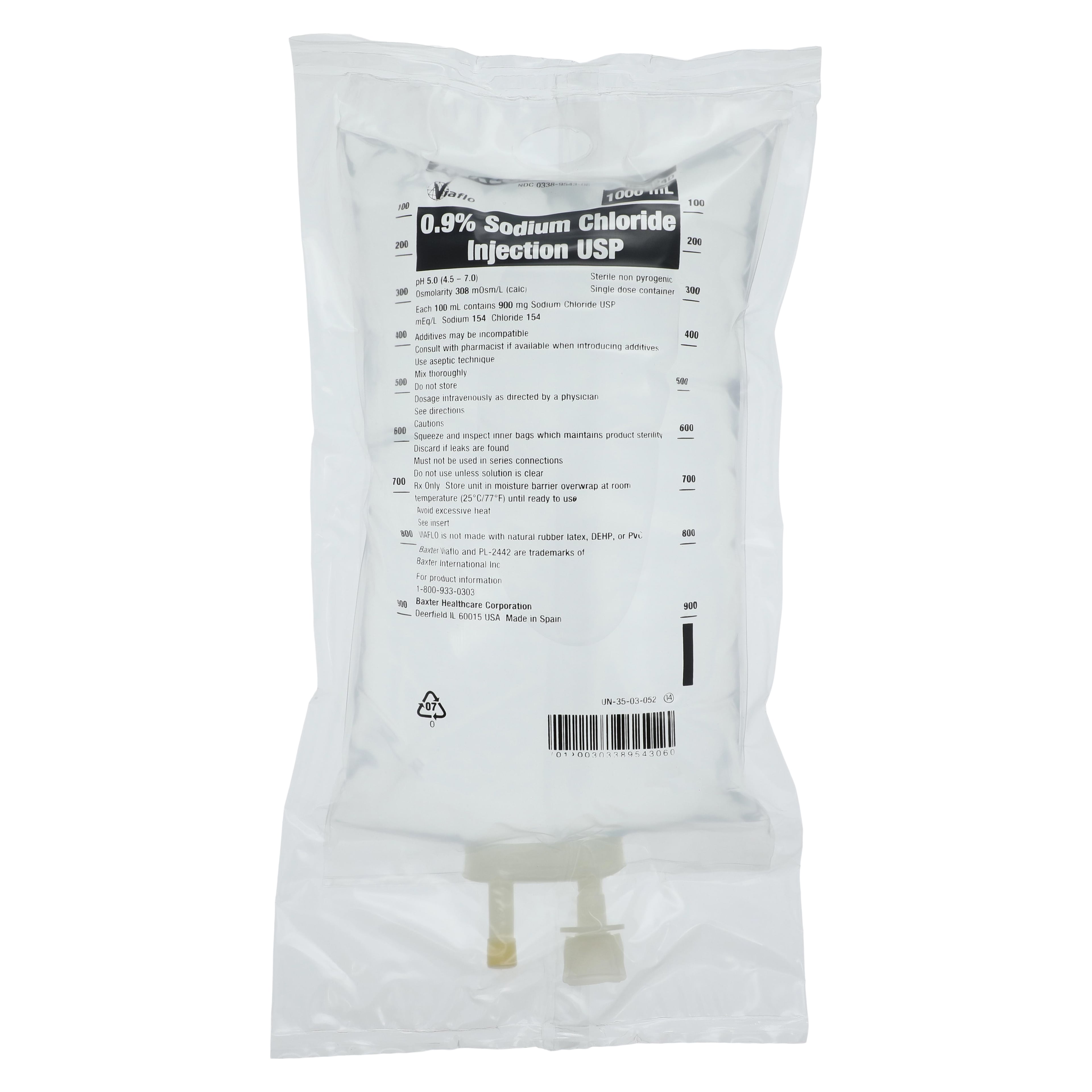 Baxter Viaflo Sodium Chloride 0.9% IV Injection Solution, USP, 1000 mL, DEHP-Free, Sterile, 10/Case