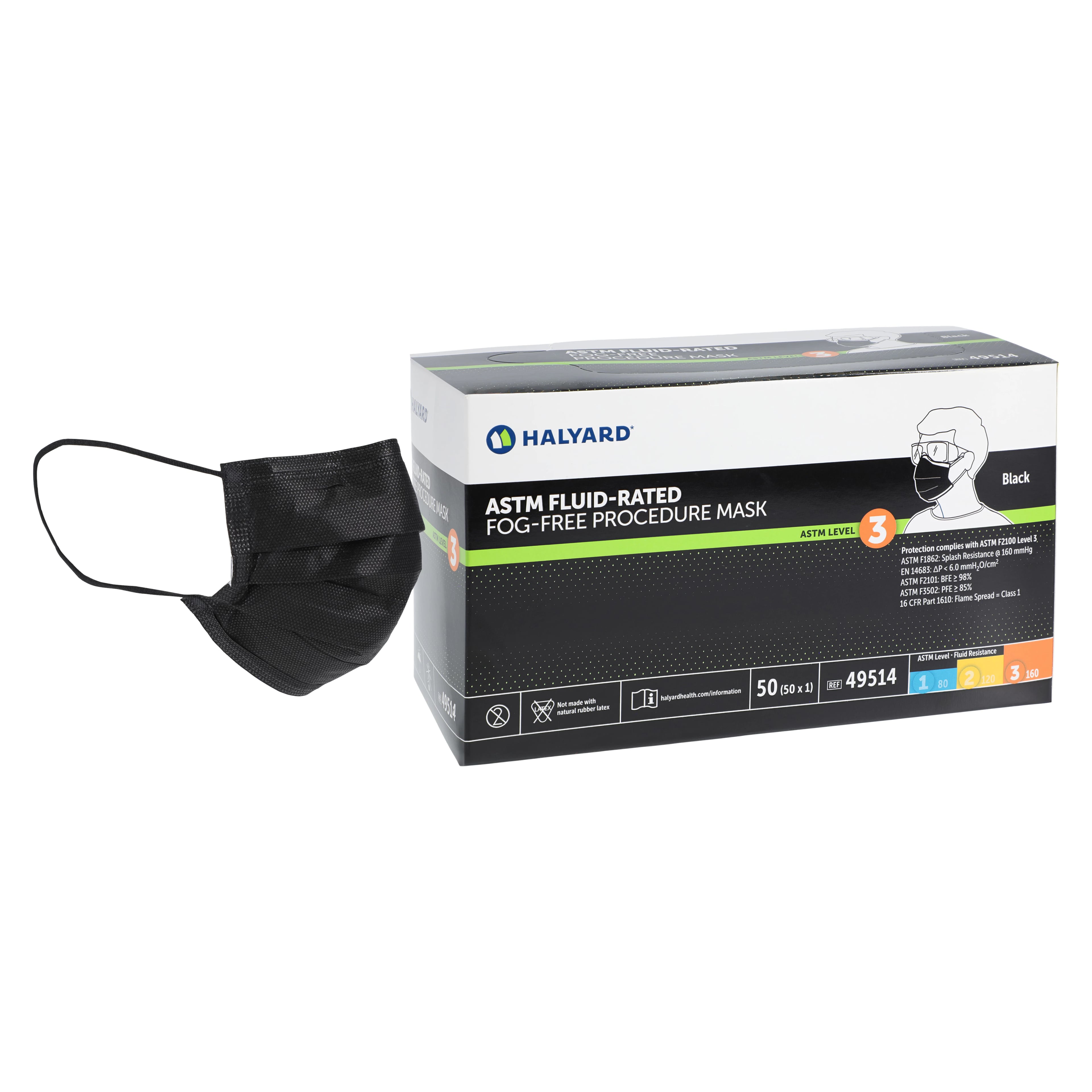 HALYARD* Procedure Mask ASTM Level 3, Black, Ear Loop, Non-Sterile, 50/Box