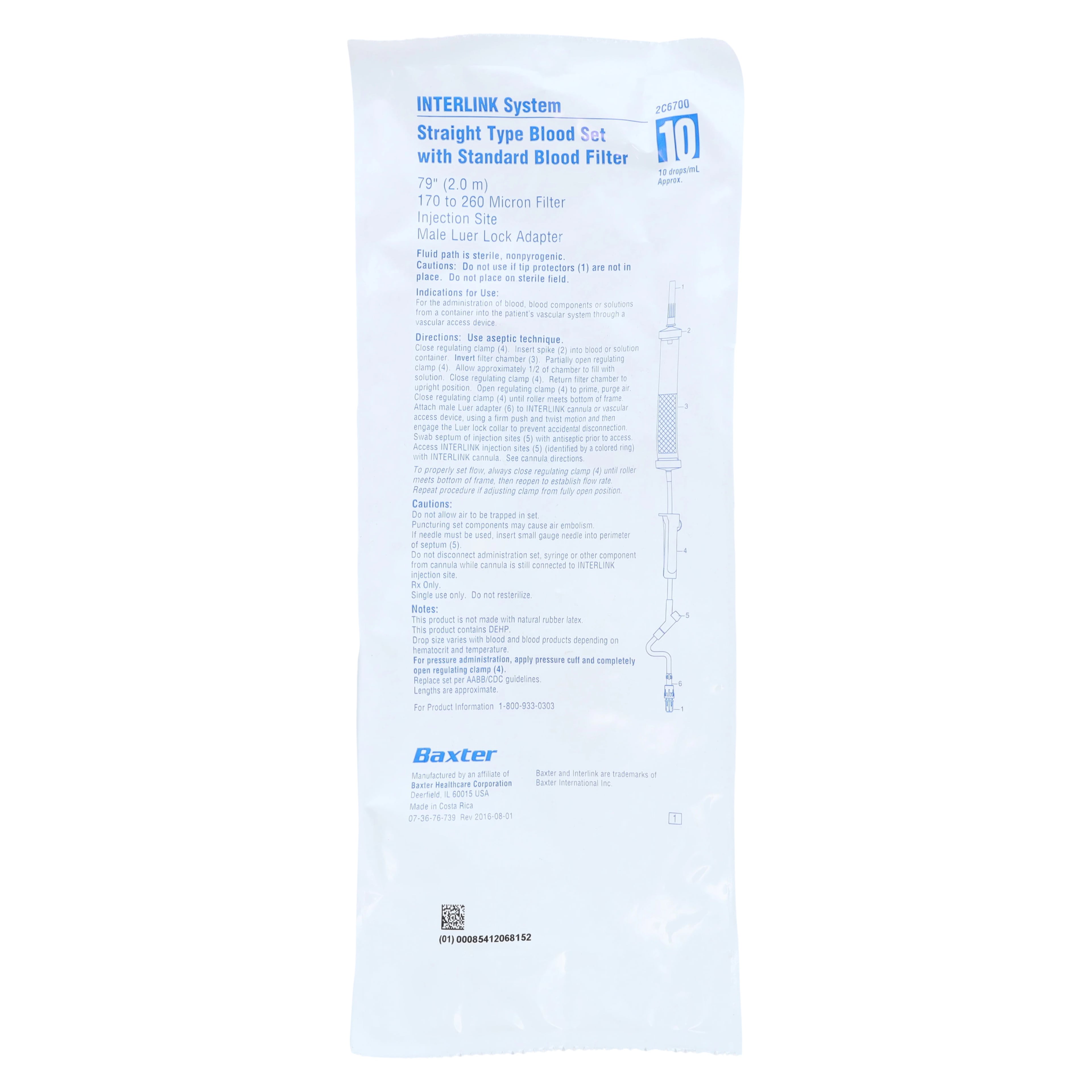 Baxter Interlink Blood Collection Set, Straight Type, 77" Male Luer Lock, 10 Drops/mL, Sterile, Latex-Free, 48/Case