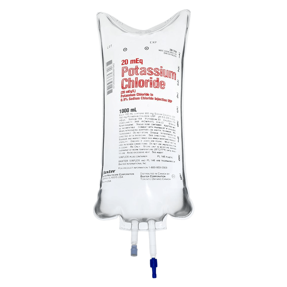 Baxter Viaflex IV Injection Solution, 0.15% Potassium Chloride/5% Dextrose/0.45% Sodium Chloride, 1000mL Plastic Container, 14/Case