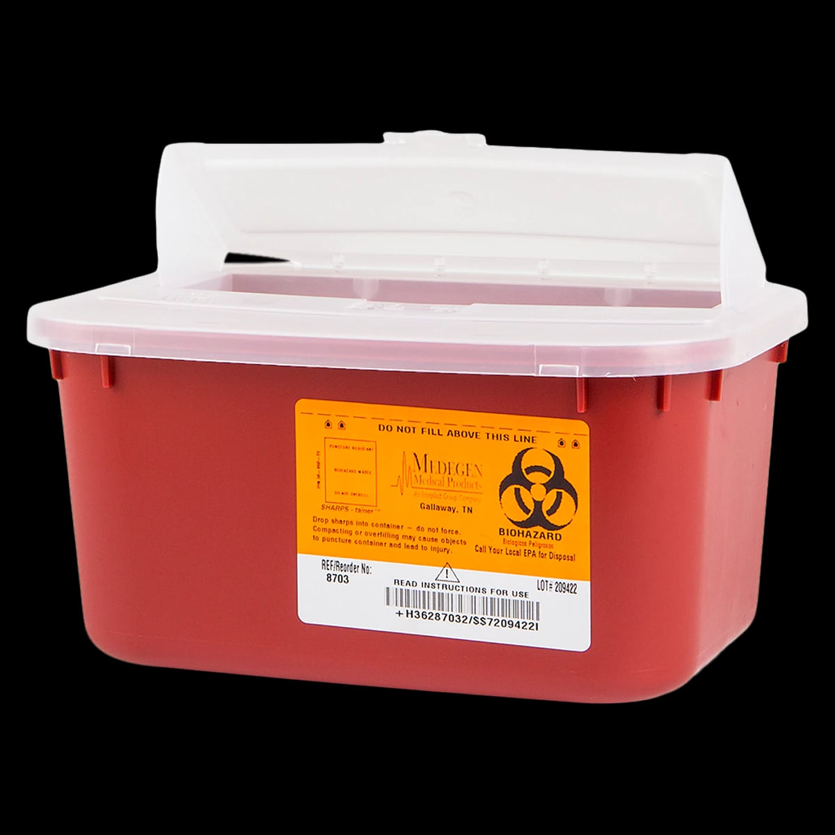 Medegen Sharps Container, Stackable, 4 Qt, Red/Black, 10x5x7", Horizontal Drop, Polypropylene, Medium, Non-Sterile, Each