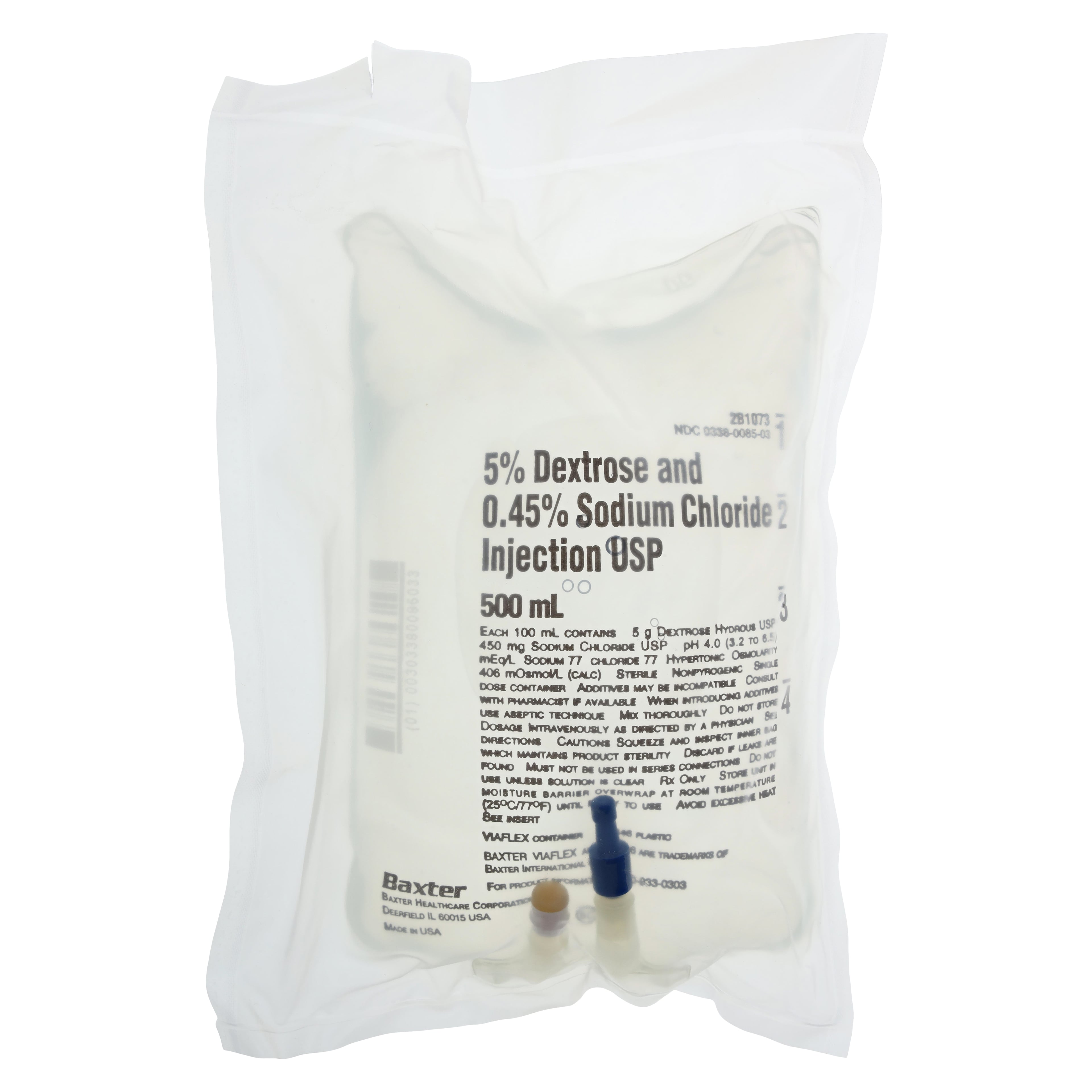 Baxter Dextrose 5% and Sodium Chloride 0.45% Injection, USP, Viaflex Plastic Container, 500 mL, 2B1073Q