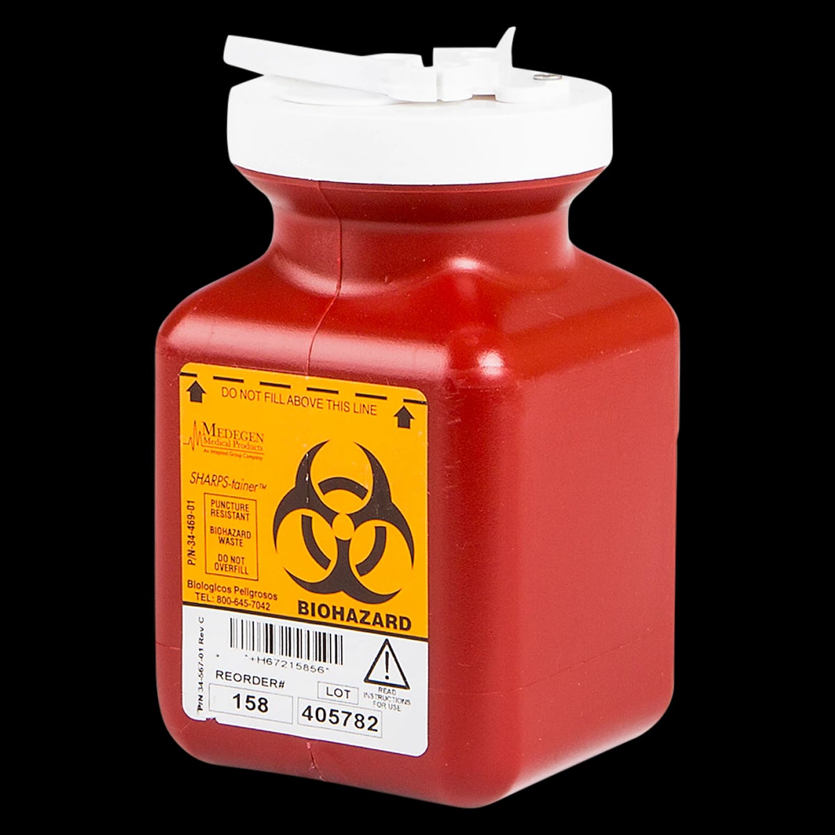 Medegen Sharps Phlebotomy Container, 0.7 qt, Red/Black, 3-1/2 x 3-1/2 x 5", Vertical Entry, Polypropylene, Non-Stackable, Each