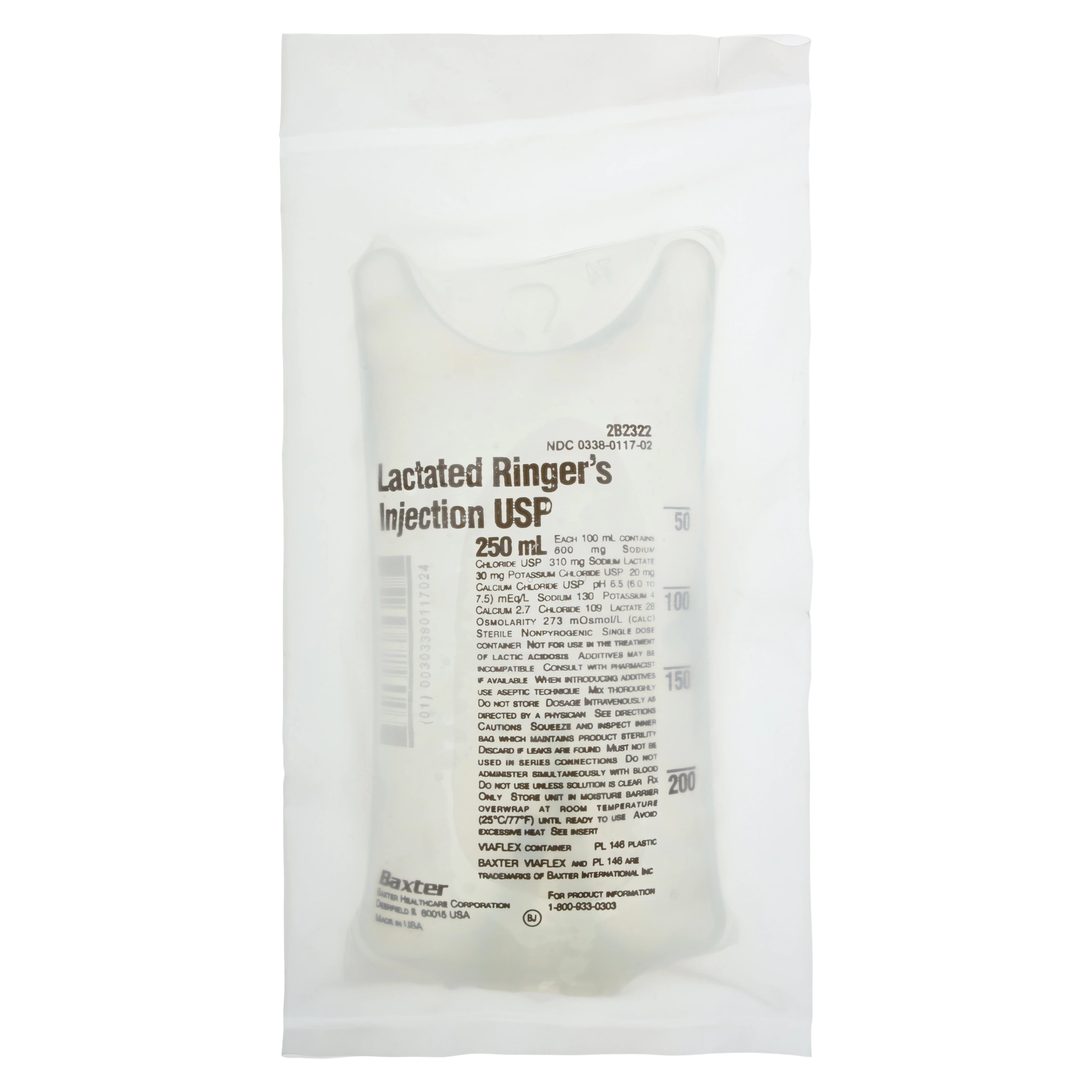 Baxter Viaflex Lactated Ringer's Injection, USP, 250 mL Plastic Container, Sterile, DEHP-Free