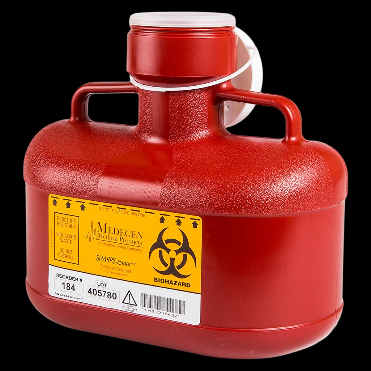 Medegen Sharps Container, 4.7 qt, Red/Black, 10x6x9", Vertical Entry Locking Cap, Polypropylene, Non-Stackable, Case of 12