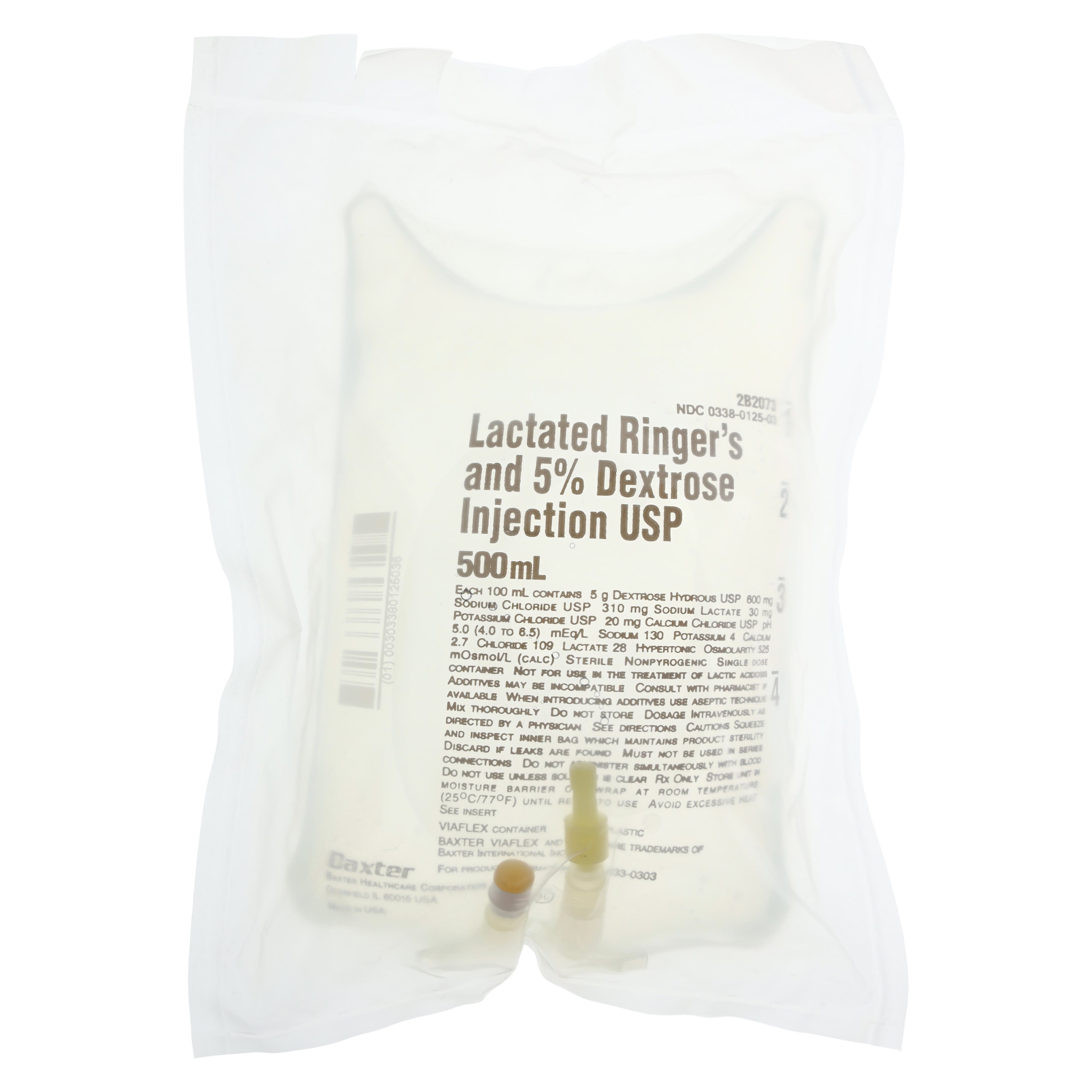 Baxter Viaflex IV Injection Solution, Dextrose 5% & Lactated Ringers, 500mL, Plastic Container, DEHP-Free, Sterile, Latex-Free