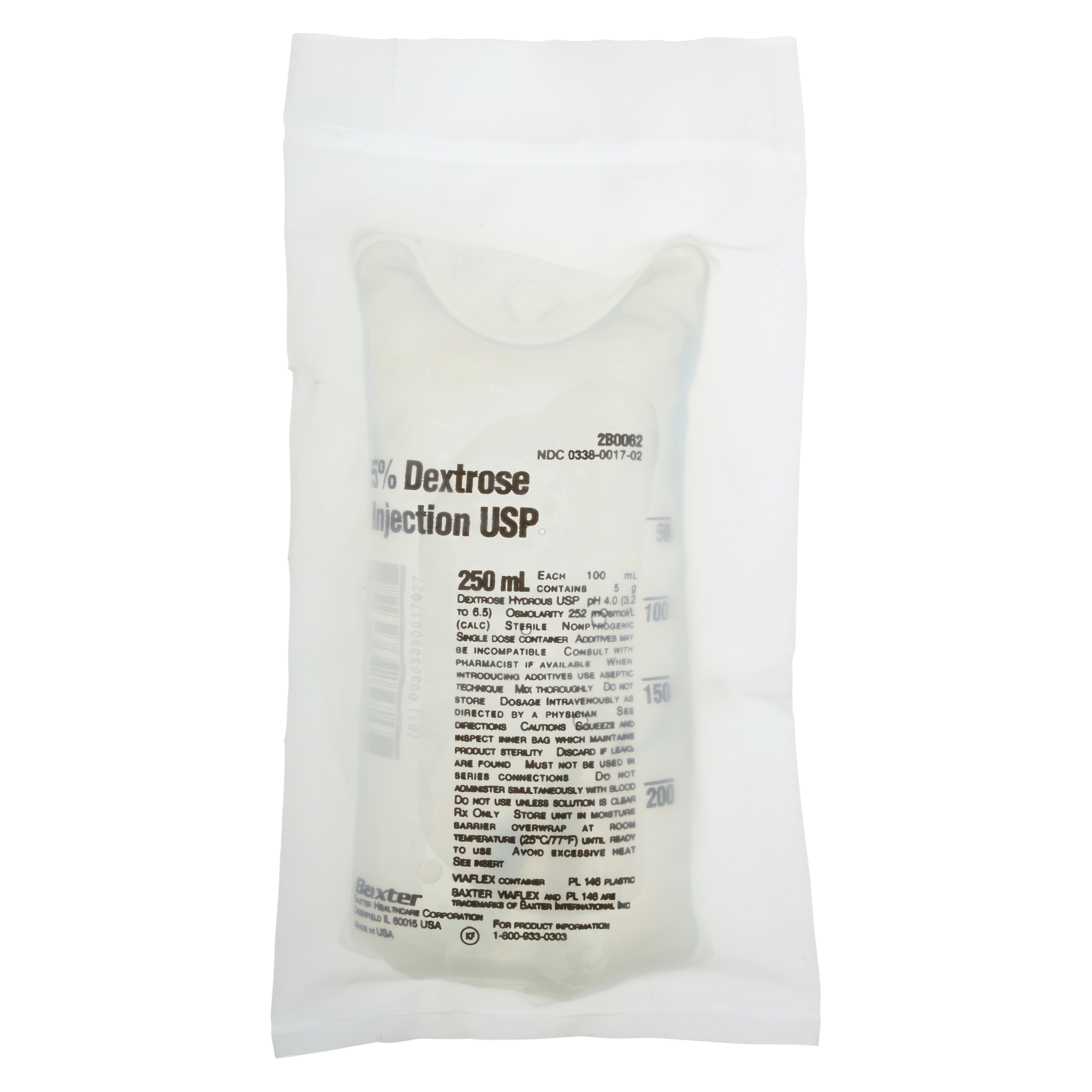 Baxter Dextrose 5% in Water (D5W) IV Solution, 250 mL Viaflex Plastic Container, Sterile, Each