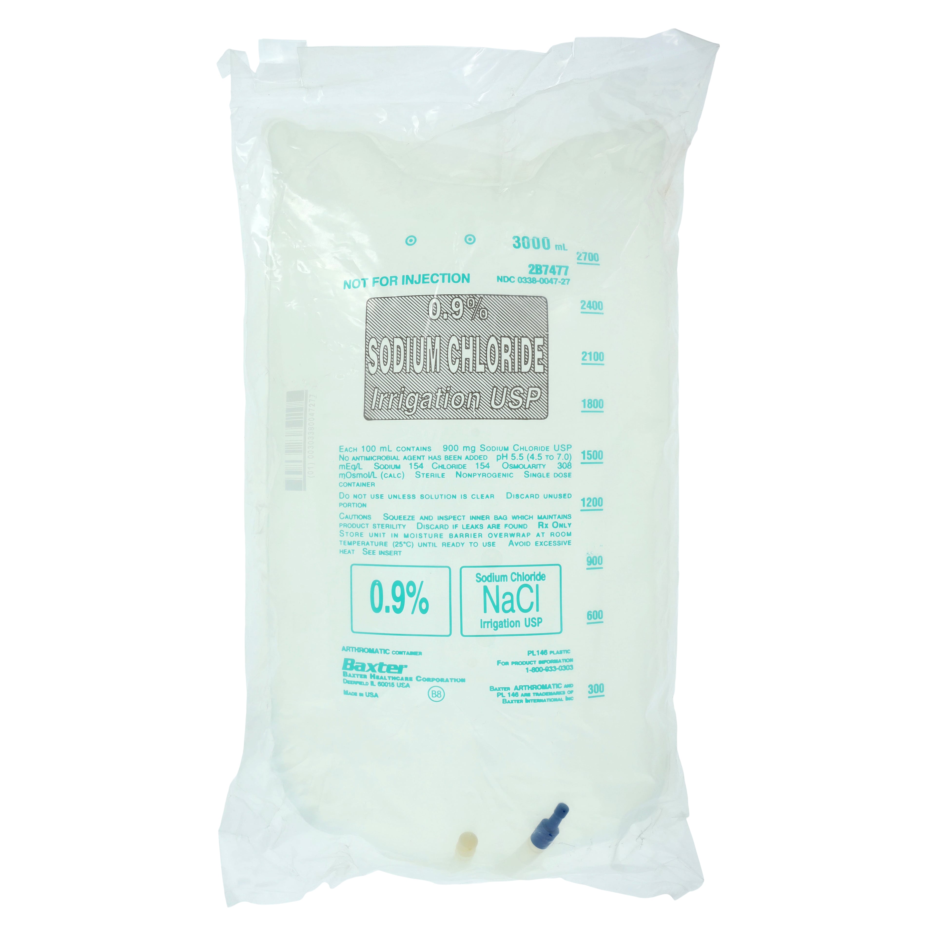 Baxter Sodium Chloride 0.9% Irrigation Solution, 3000 mL, Plastic Bag, Sterile, Latex-Free, 4/Case