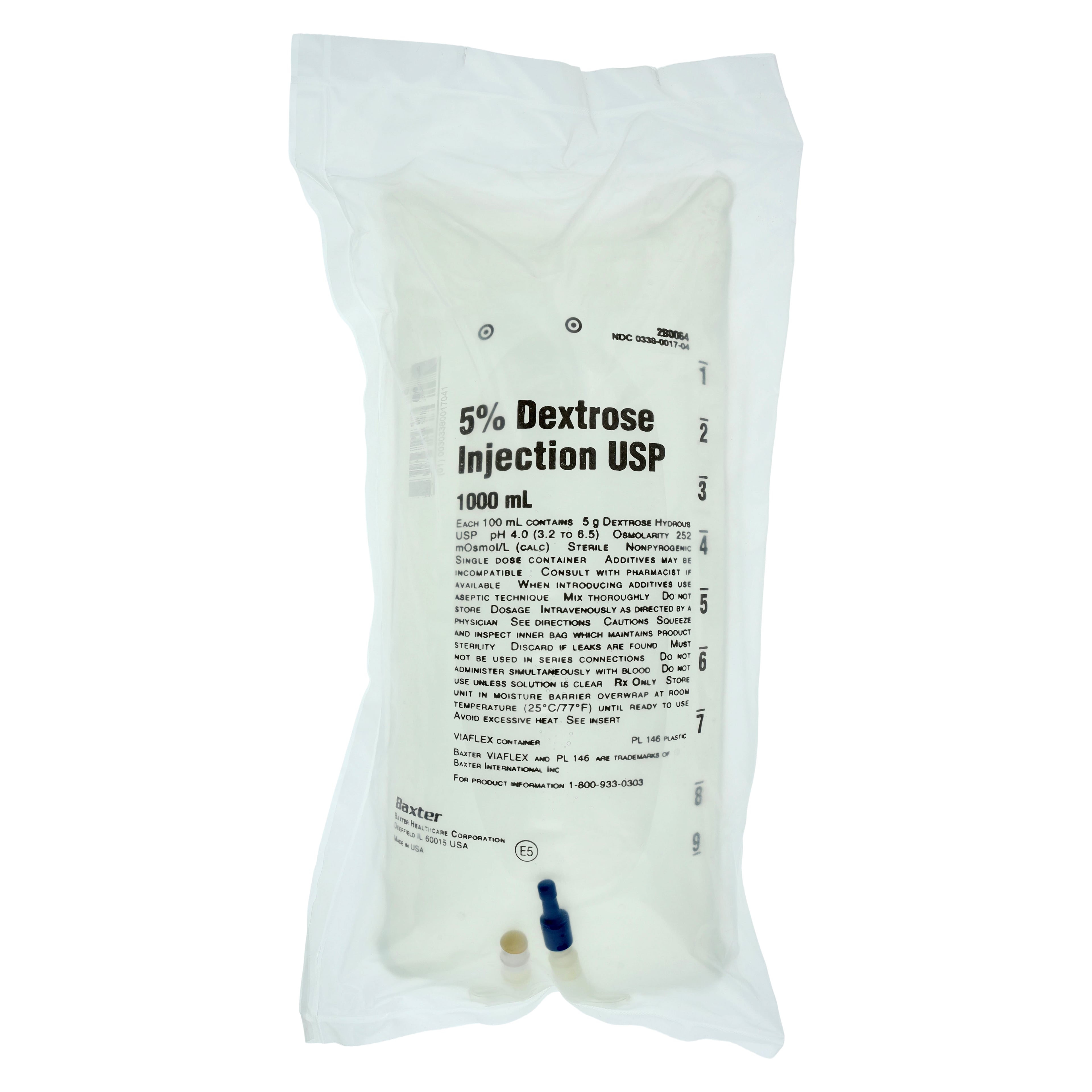Baxter Viaflex Dextrose 5% in Water (D5W) IV Injection Solution, 1000 mL Plastic Container, Sterile, Each