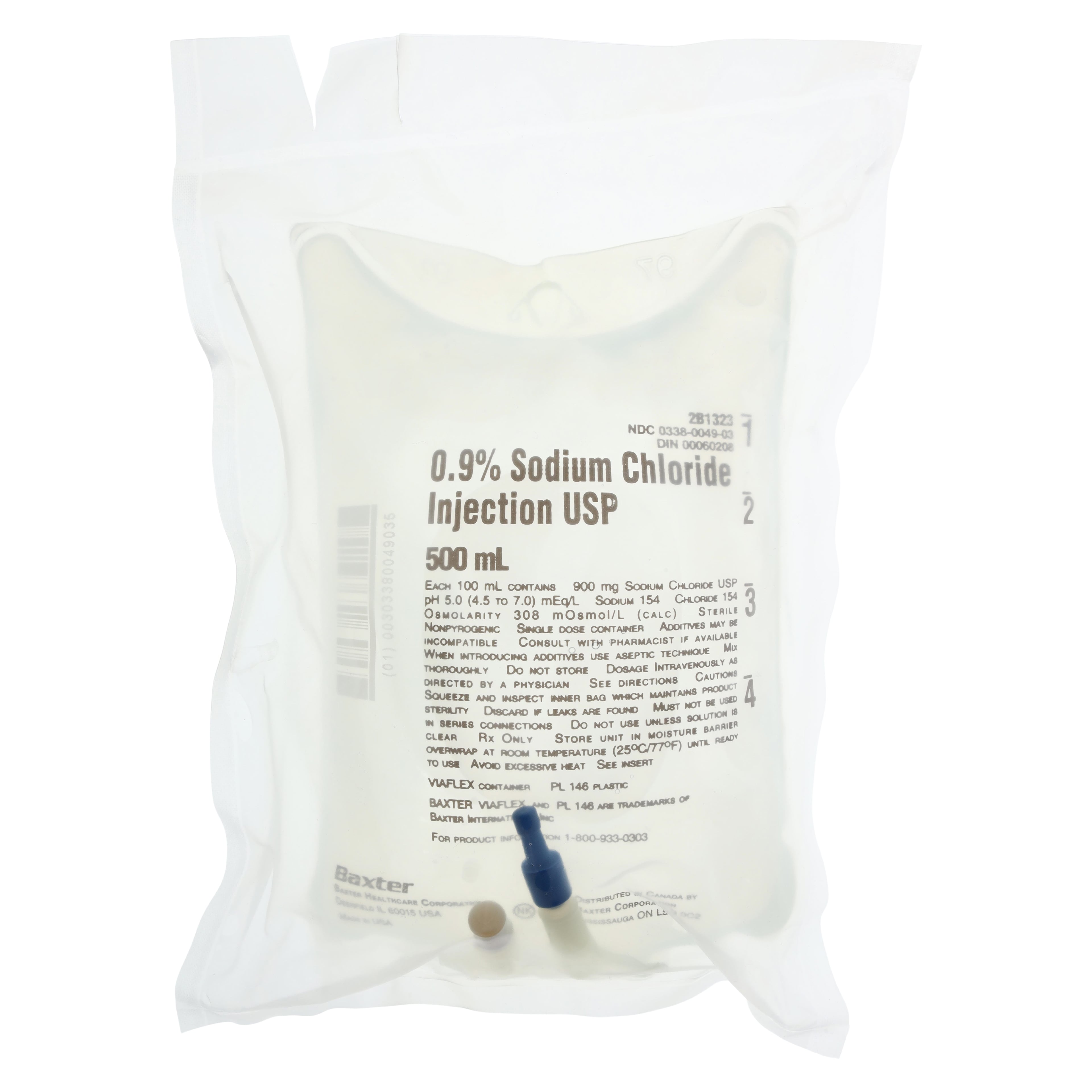 Baxter Viaflex 0.9% Sodium Chloride Injection, 500 mL IV Plastic Container, Sterile, 2B1323Q