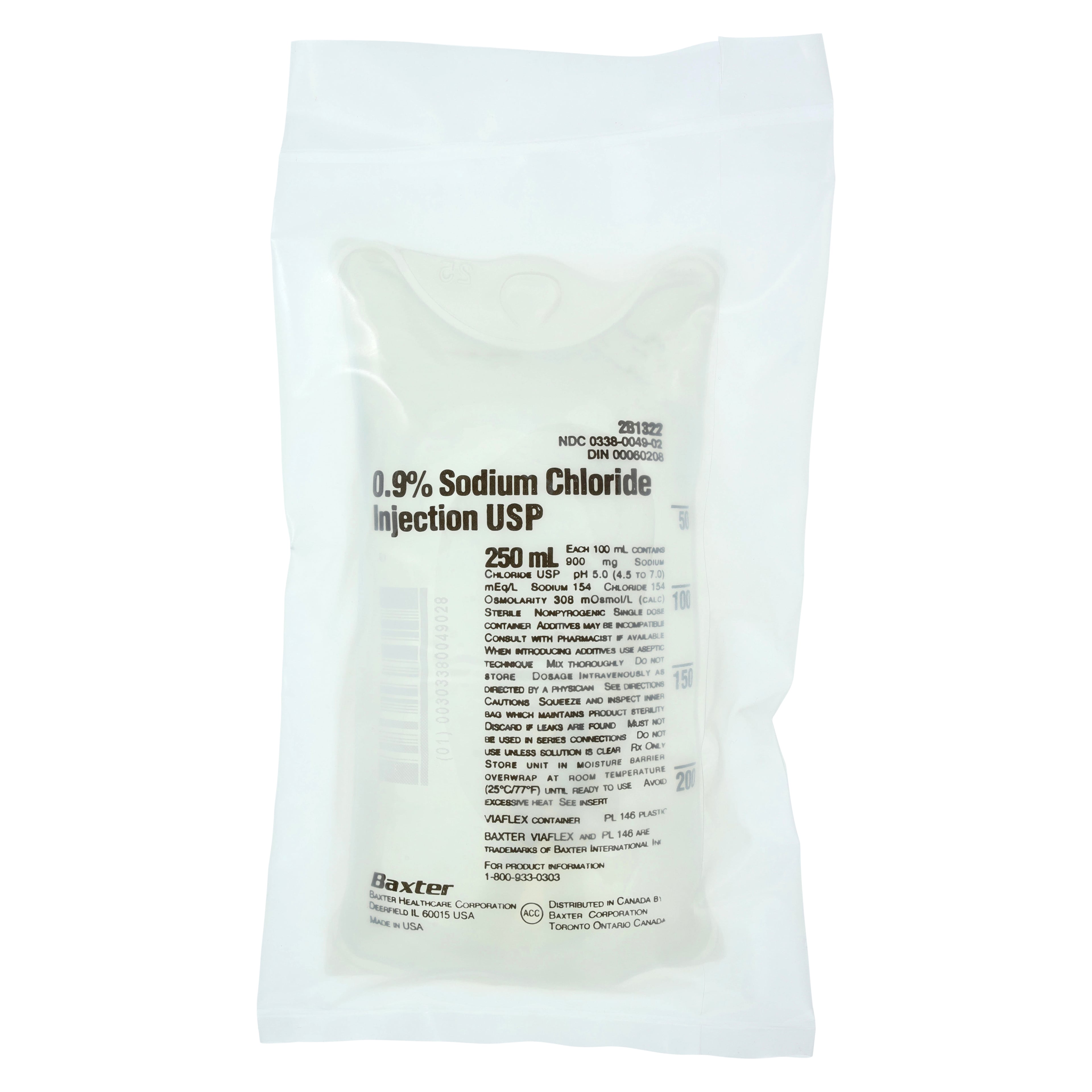 Baxter Sodium Chloride 0.9% Injection Bag, 250 mL, USP, Sterile, DEHP-Free, 2B1322Q