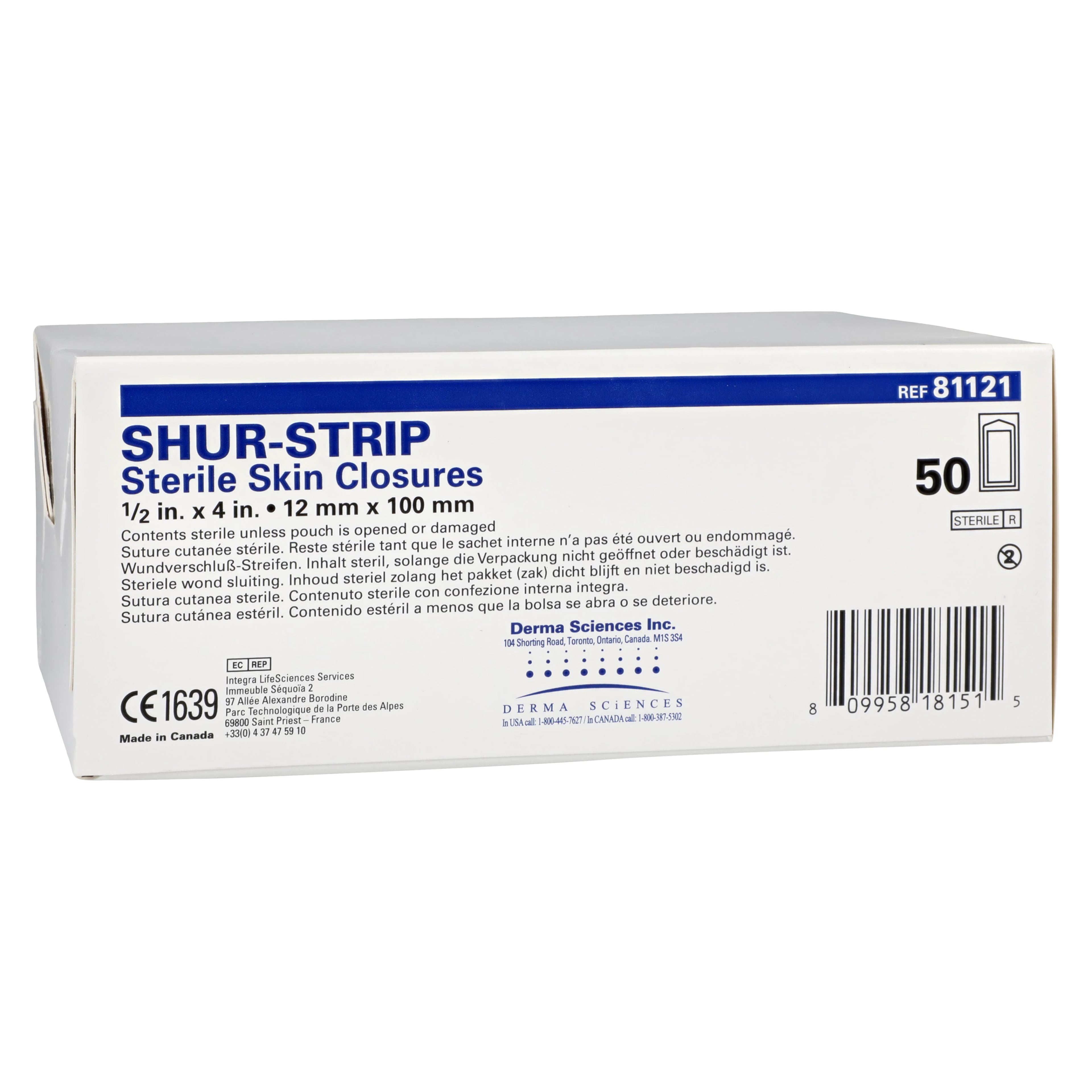 Shur-Strip Wound Closure Strip, Non-Woven Polyamide, 1/2" x 4", White, Adherent, Sterile, 50/Box