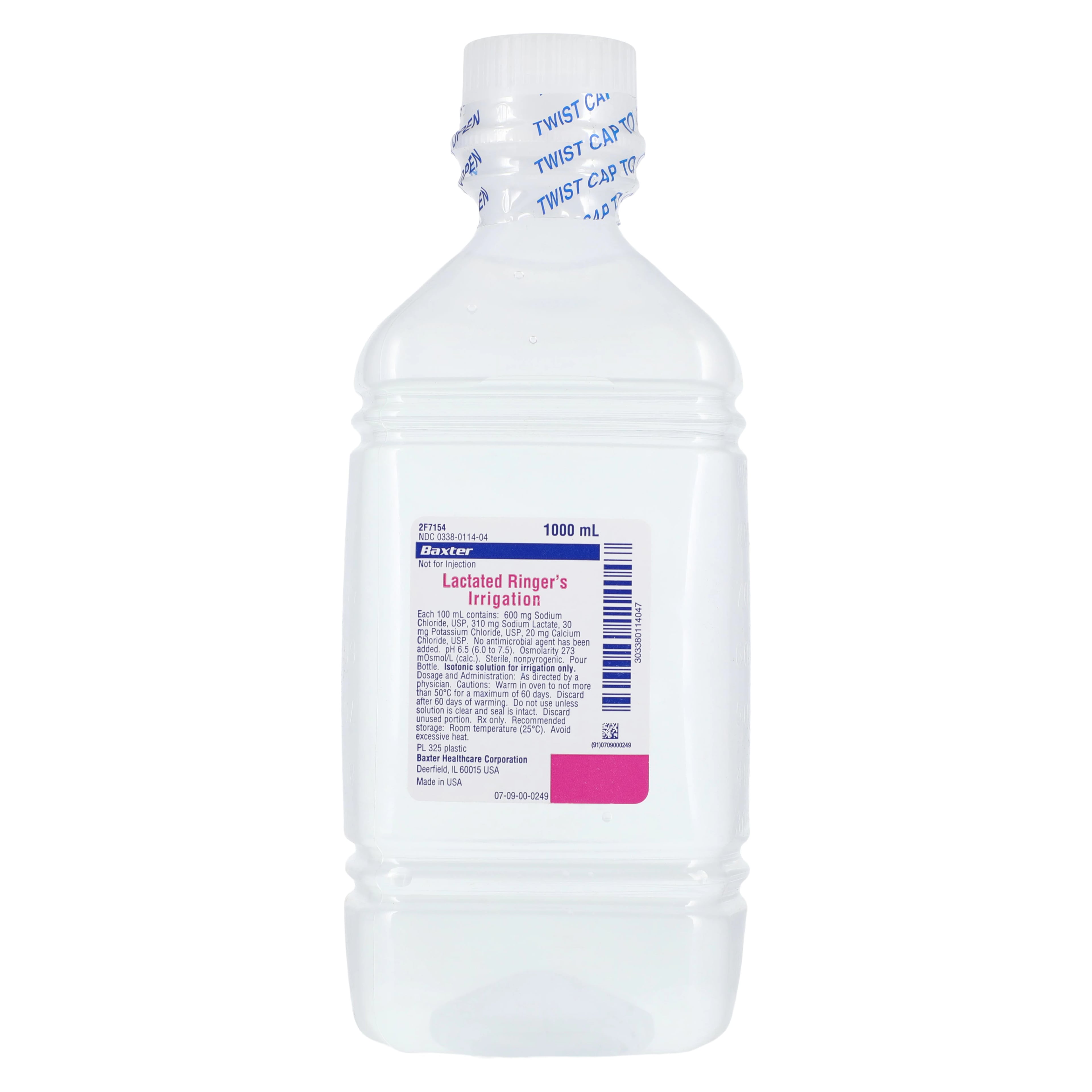 Baxter Lactated Ringers Irrigation Solution, 1000 mL, Plastic Pour Bottle, Sterile, Latex-Free