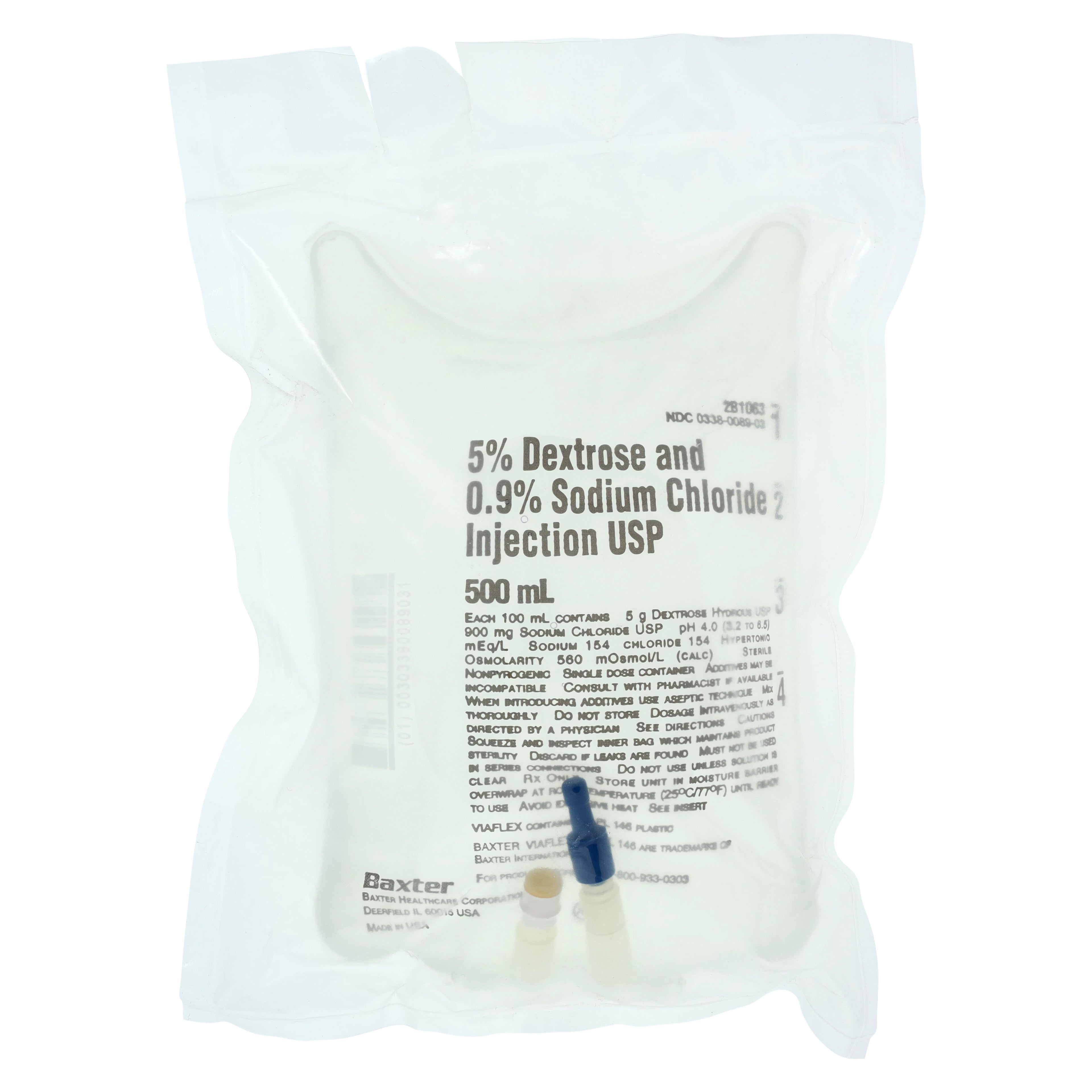 Baxter Viaflex Dextrose 5% and Sodium Chloride 0.9% IV Injection Solution, 500 mL Plastic Container, 2B1063Q