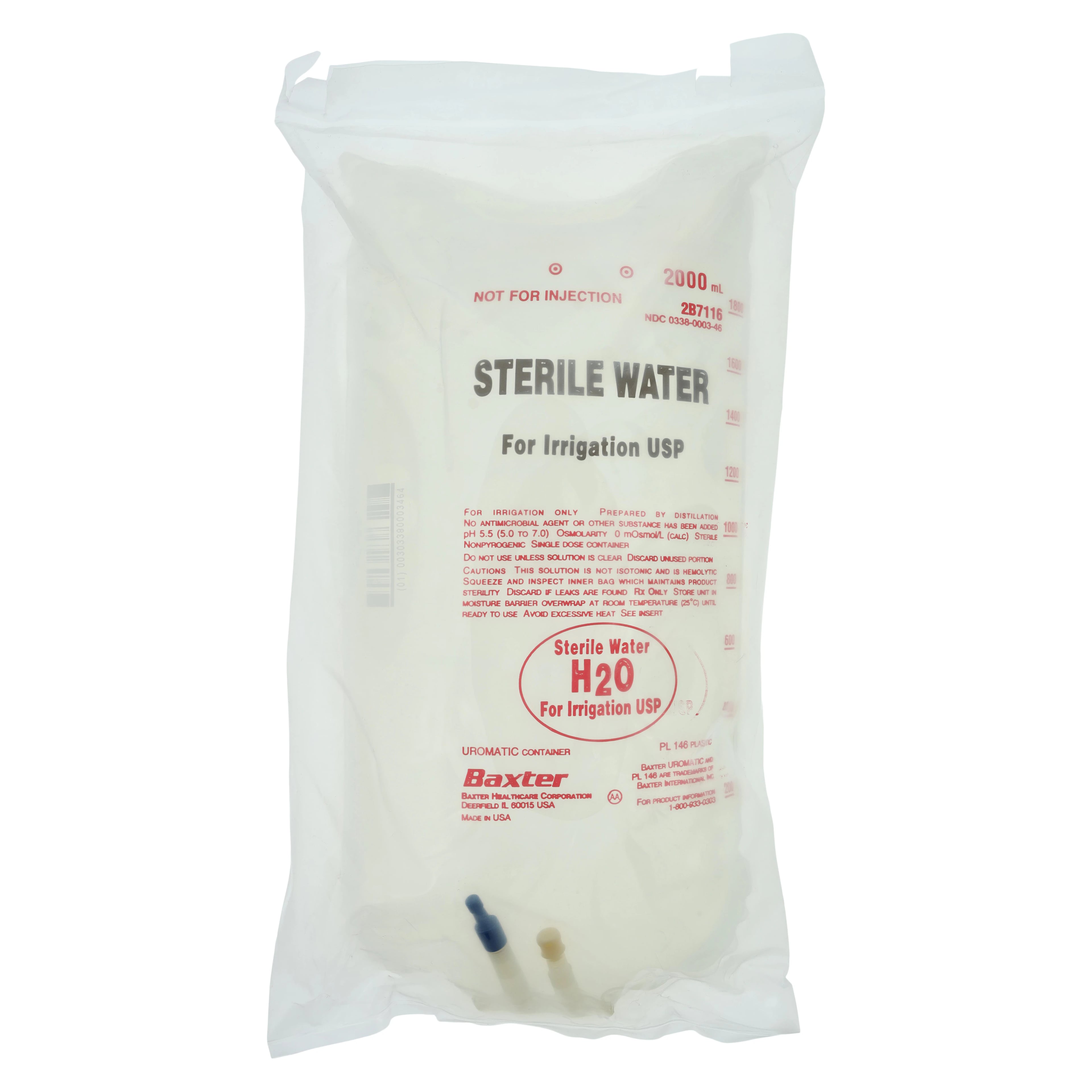 Baxter Sterile Water for Irrigation, 2000 mL, Uromatic Plastic Bag, Latex-Free