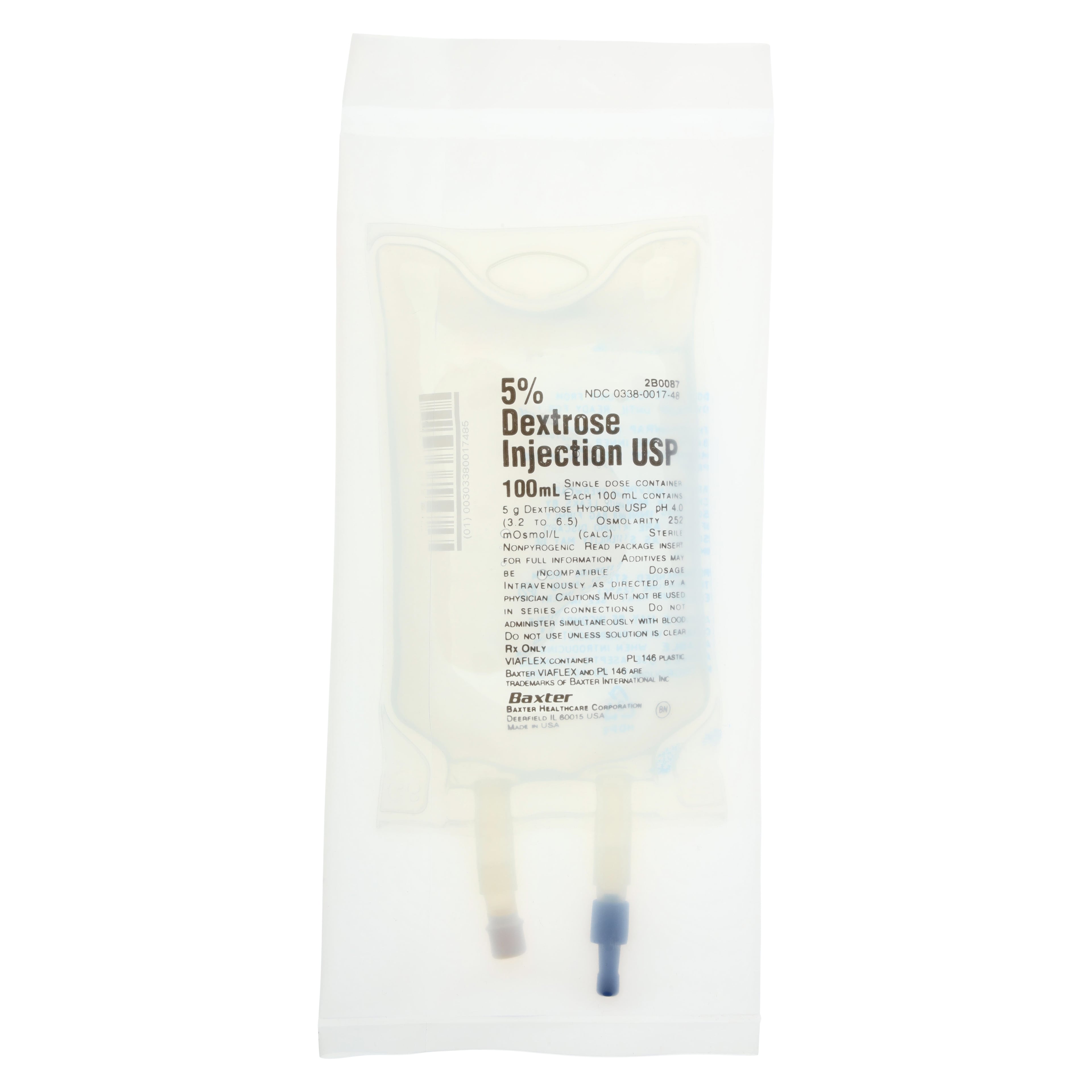 Dextrose 5% in Water Injection, 100 mL, Viaflex Plastic Container, USP, Sterile, DEHP-Free, Latex-Free, Each