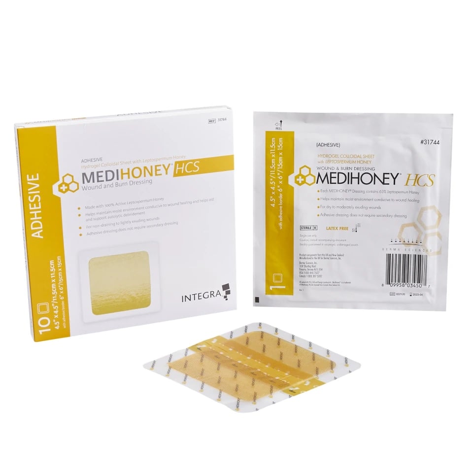 MediHoney HCS Polymer Pad Dressing, 4-1/2" x 5-1/2" Sheet, Adhesive, Latex-Free