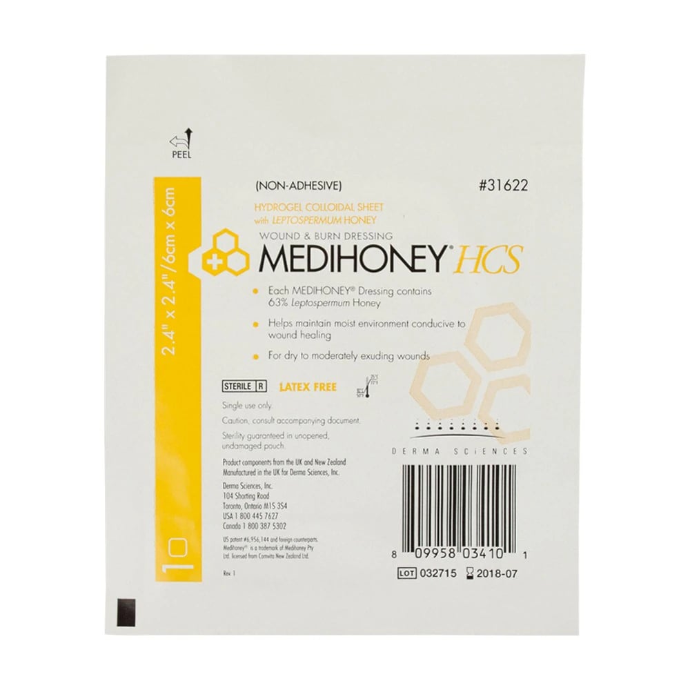 MediHoney HCS Polymer Hydrogel Dressing, 2.4" x 2.4" Sheet, Adhesive, Non-Adherent (HCS Sheet)