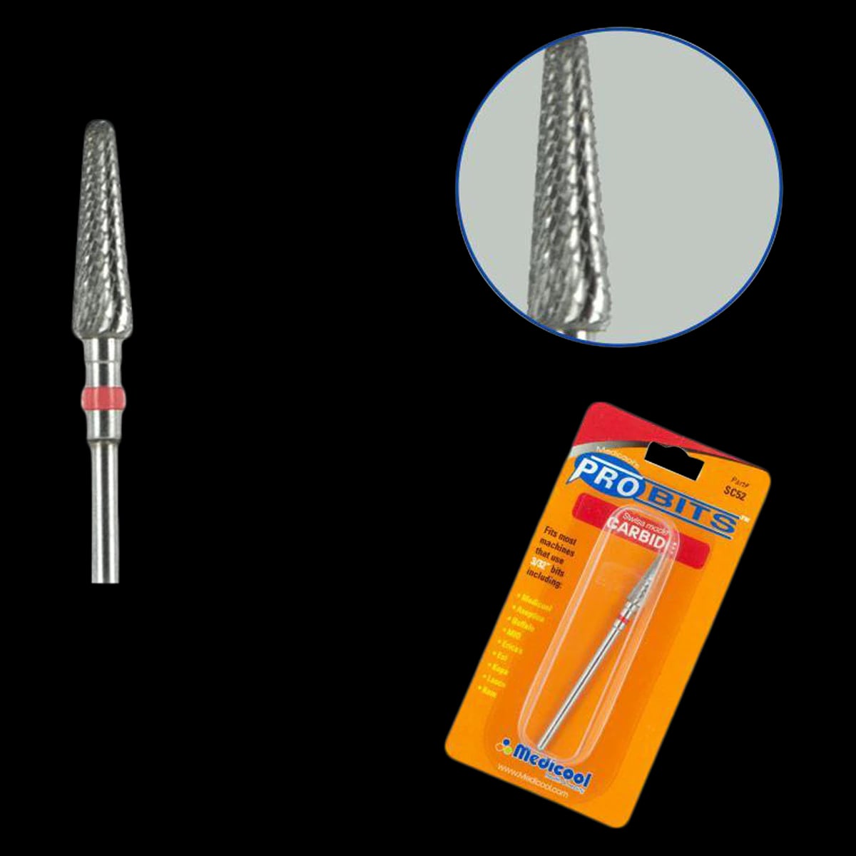 Medicool Swiss Carbide Burr, Debridement Cone, 3/32" Shank, Small Cone, Each