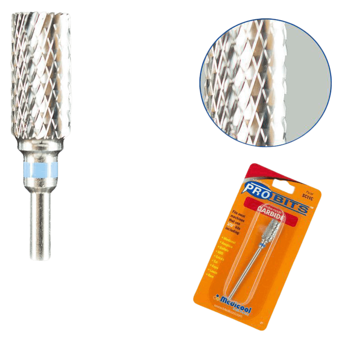 Medicool Swiss Carbide Flat Barrel Burr, Coarse, 3/32" Shank, Each